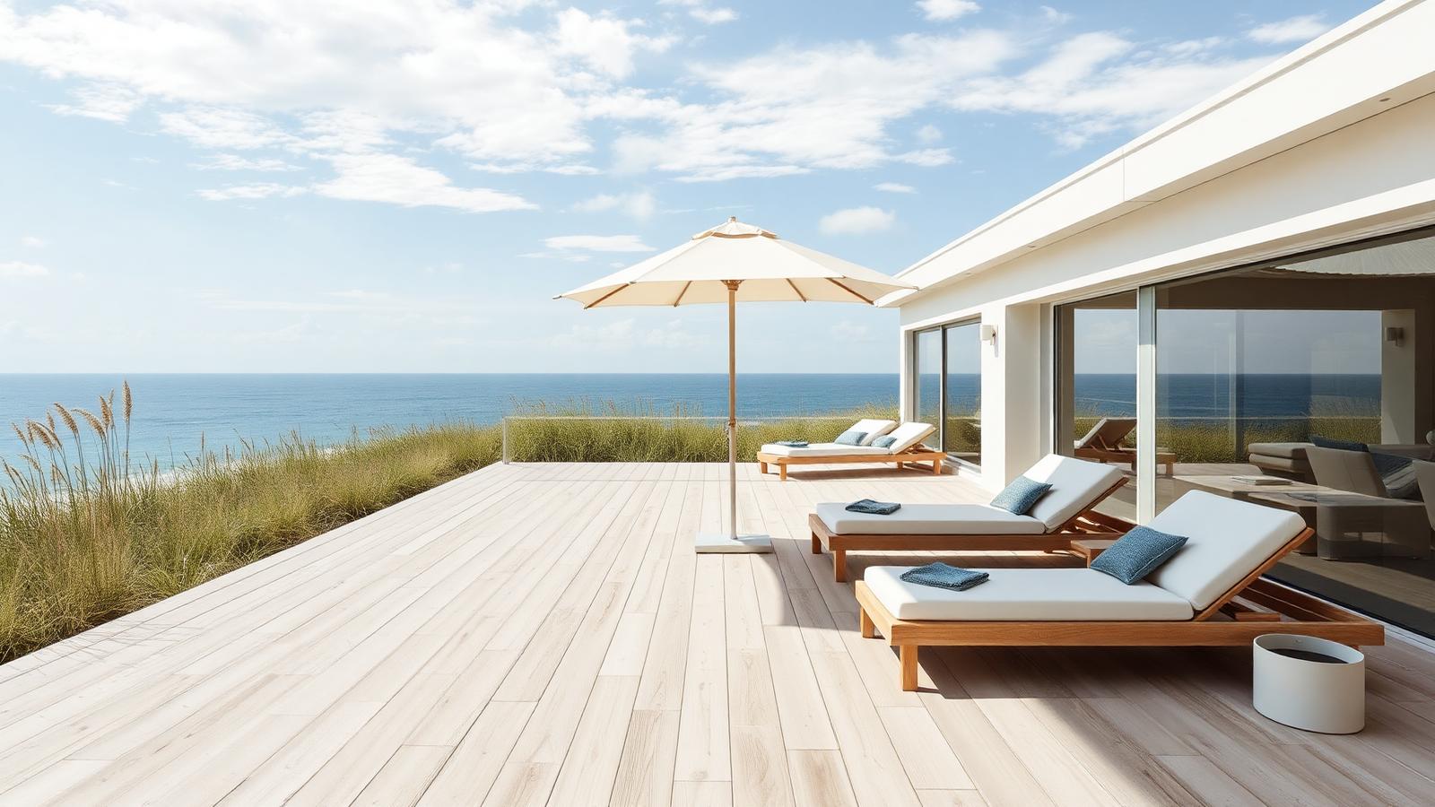 A pale timber beach house terrace with low-profile outdoor lounges, a linen umbrella, coastal grasses and the ocean horizon. Images and Photos created by www.house-and-garden-designs.com
