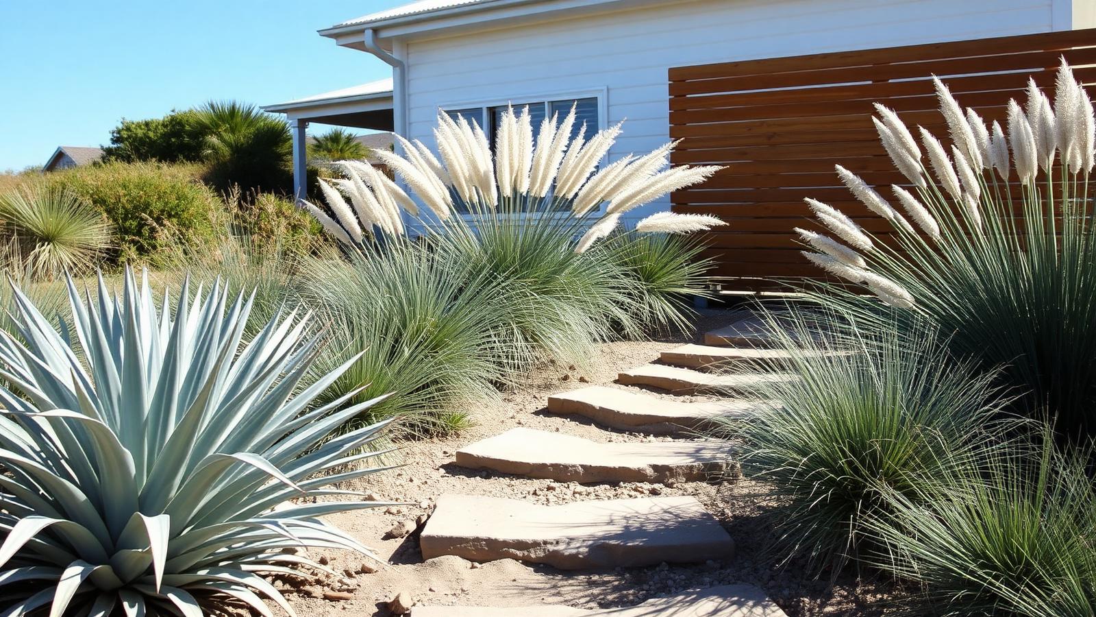 A coastal garden of silver foliage, agave and spinifex grasses with a sandstone stepping path beside a timber screen. Images and Photos created by www.house-and-garden-designs.com