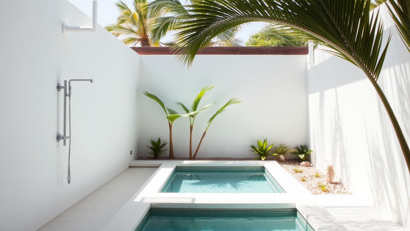 A white walled beach house courtyard with an outdoor shower, plunge pool, timber slat detail and palms in bright light. Images and Photos created by www.house-and-garden-designs.com