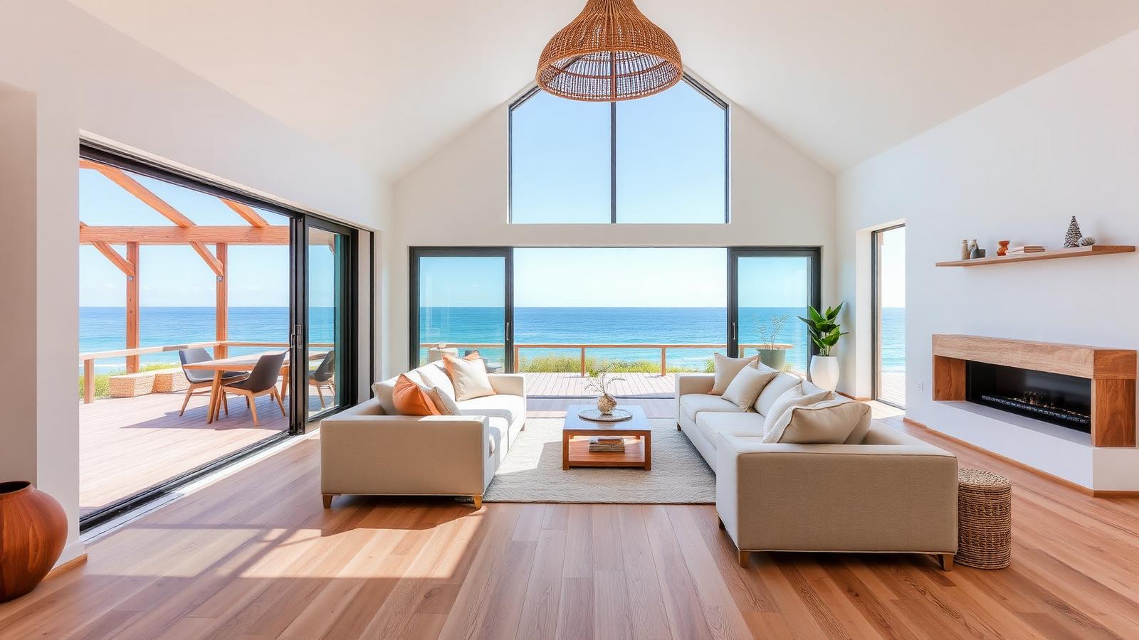 A modern coastal interior with pale oak floors, white walls, linen sofas, a rattan pendant and ocean views through glass. Images and Photos created by www.house-and-garden-designs.com