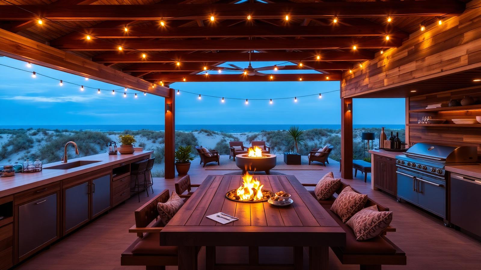 A beach house evening entertaining area with outdoor kitchen, timber dining table, festoon lights, fire pit and dunes beyond. Images and Photos created by www.house-and-garden-designs.com