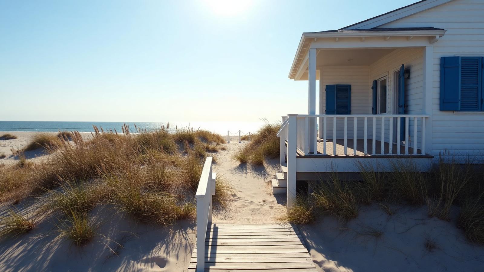 White Weatherboard Dune Cottage beach house design by the ocean Painted Weatherboard, Blue Shutters and a Verandah that runs the. Images and Photos created by www.house-and-garden-designs.com