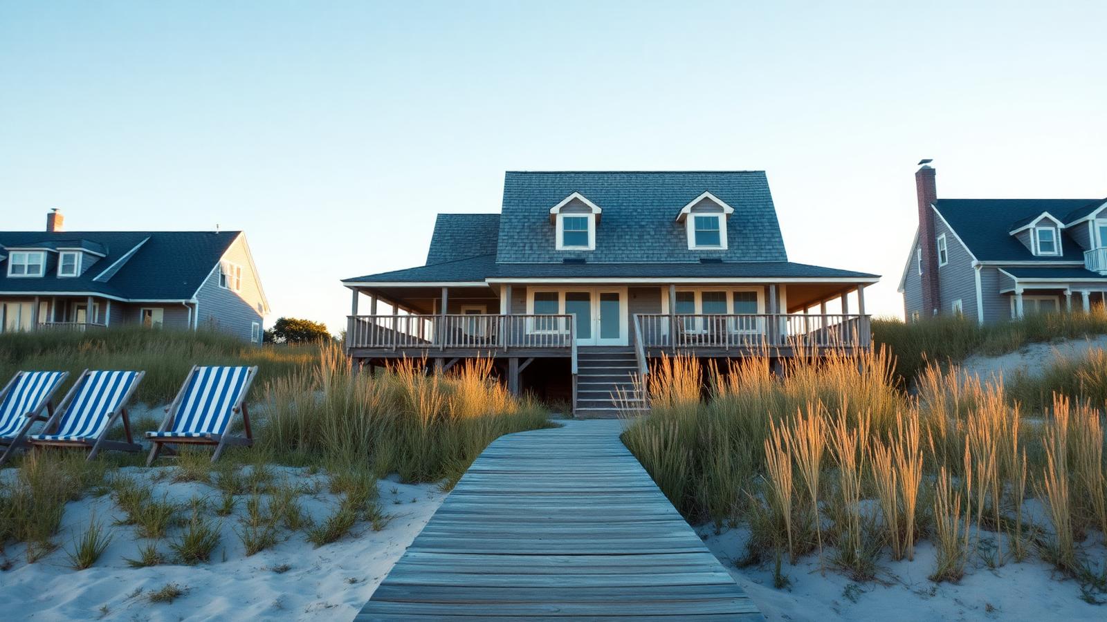 Shingle Clad Dune Houses on Raised Posts beach house design by the ocean Grey Cedar Shingles that Silver naturally, Dormer. Images and Photos created by www.house-and-garden-designs.com