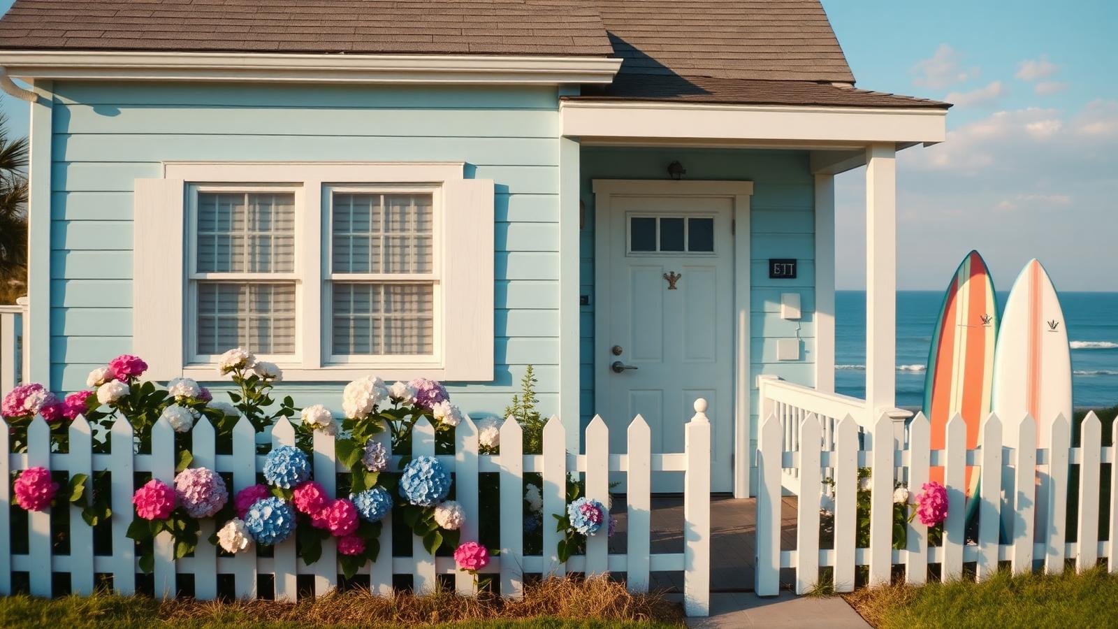 Pastel clapboard surf cottage beach house design by the ocean Pale blue clapboard, a white picket fence, hydrangeas along the. Images and Photos created by www.house-and-garden-designs.com
