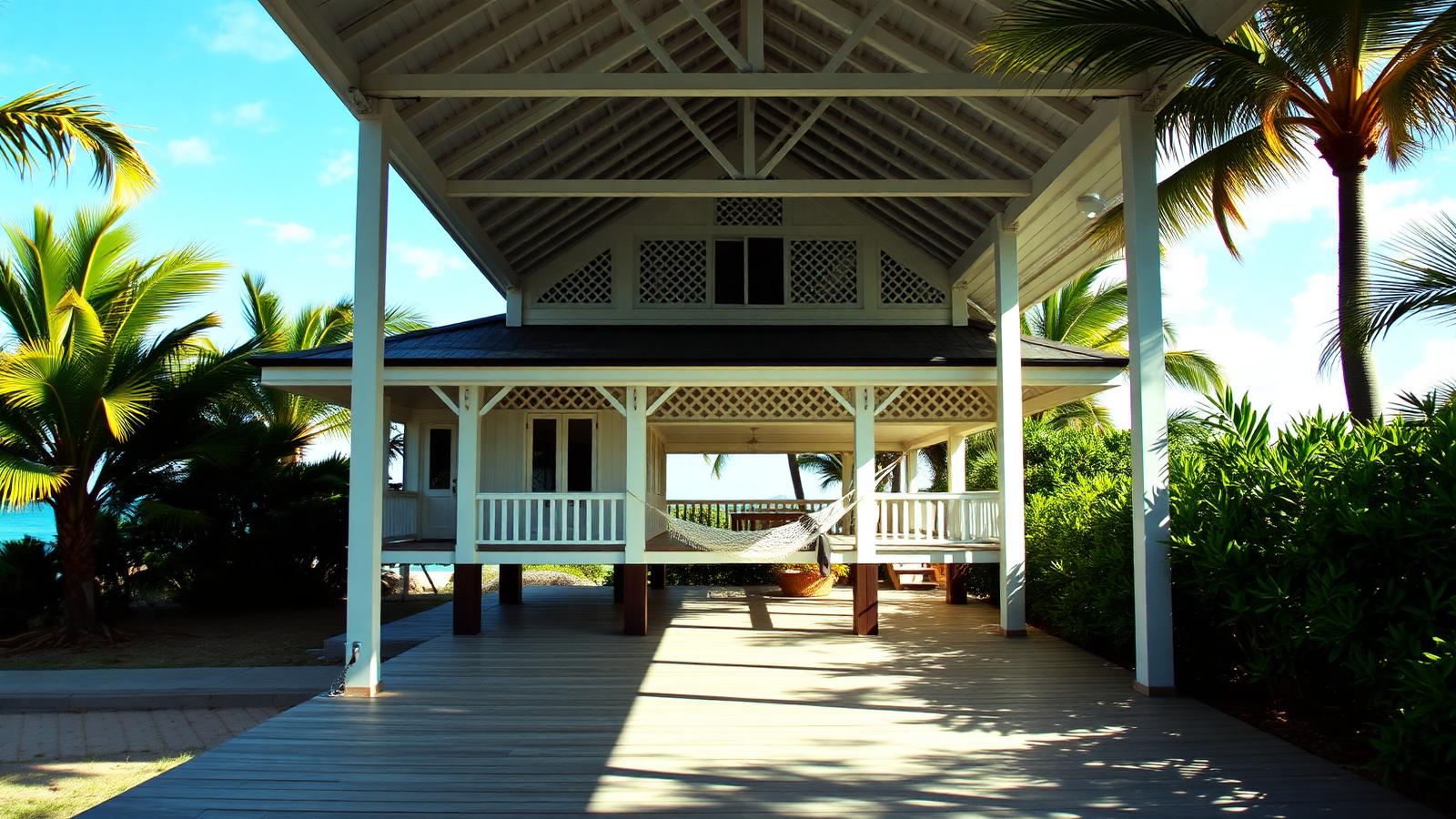 Raised tropical verandah house beach house design by the ocean A high pitched roof, white lattice, timber posts and a. Images and Photos created by www.house-and-garden-designs.com