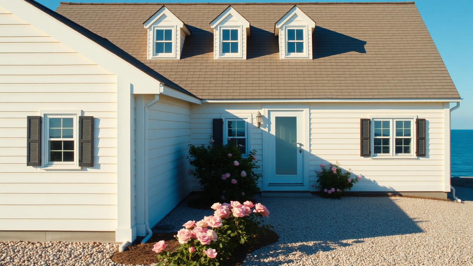 Cape Cod cottage above the shore beach house design by the ocean White painted boards, three dormers in a steep. Images and Photos created by www.house-and-garden-designs.com