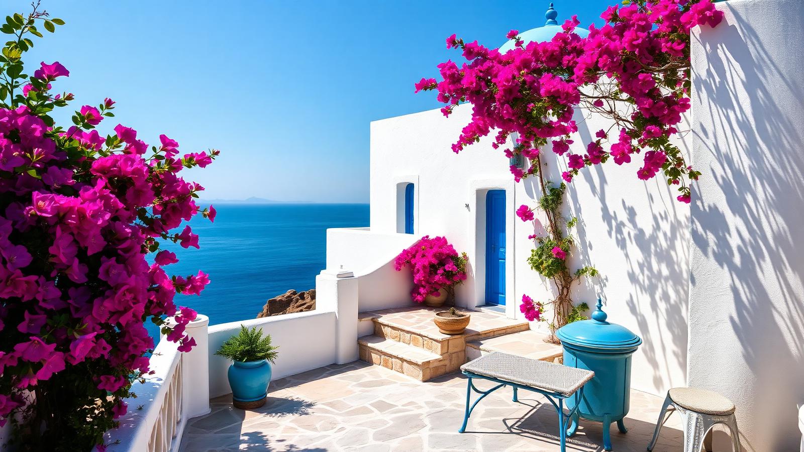 Whitewashed Mediterranean terrace beach house design by the ocean Thick whitewashed walls, a cobalt door, bougainvillea over the terrace and. Images and Photos created by www.house-and-garden-designs.com