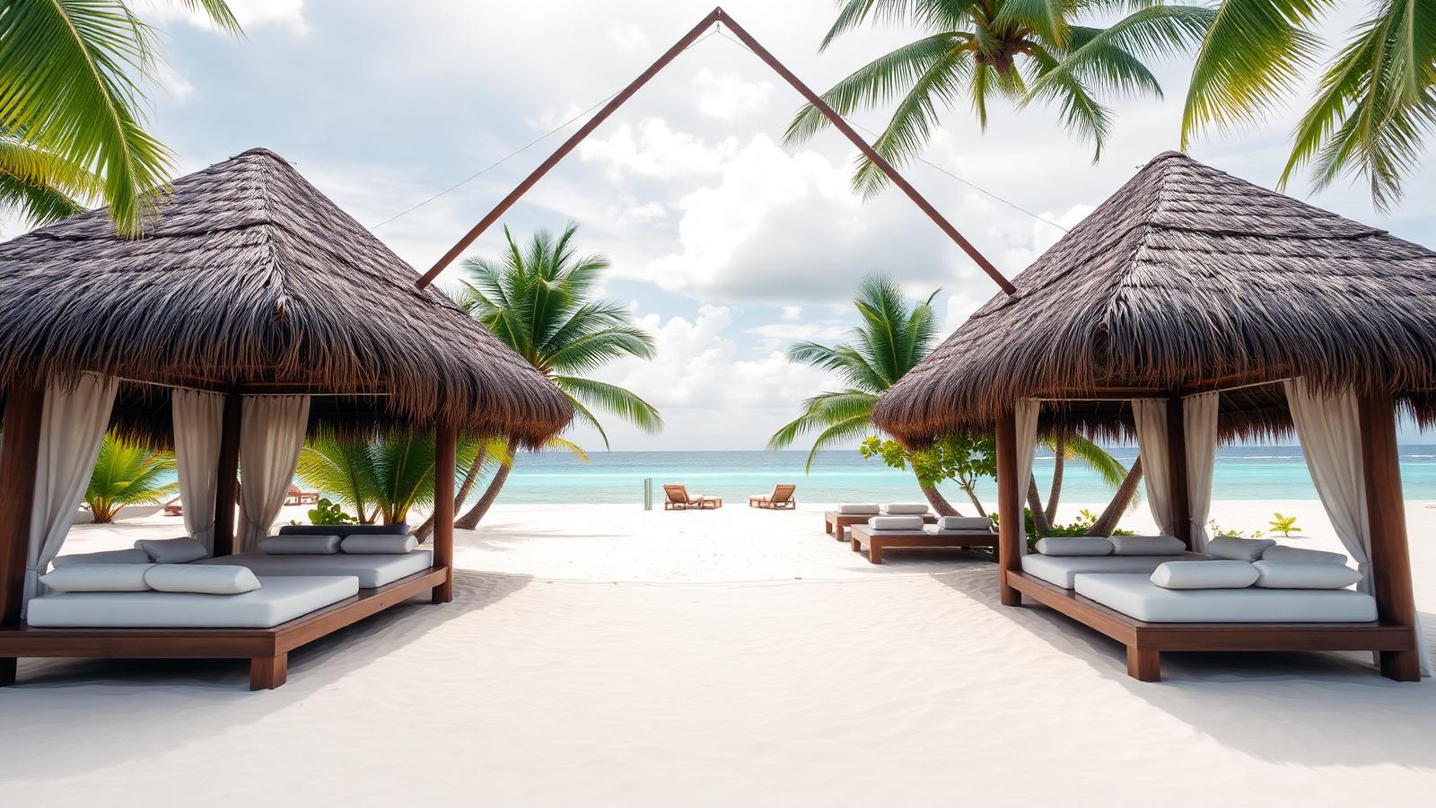 Thatched tropical beach bungalow beach house design by the ocean An open sided pavilion under thatch, white cushioned daybeds, timber. Images and Photos created by www.house-and-garden-designs.com