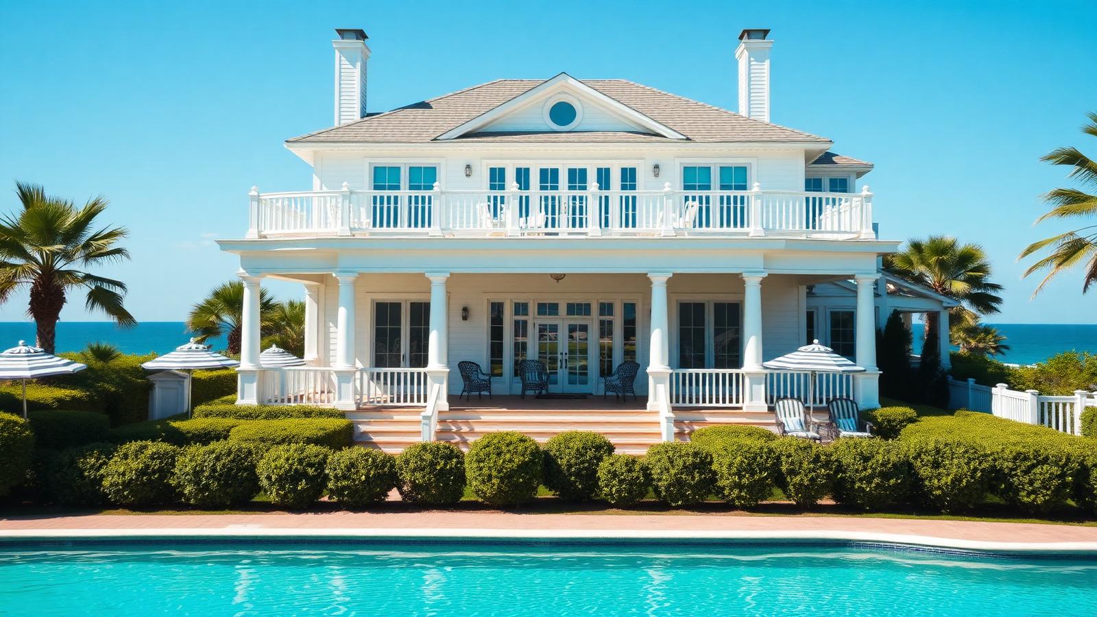Hamptons estate above the beach beach house design by the ocean White painted boards, columns, a first floor balcony across. Images and Photos created by www.house-and-garden-designs.com