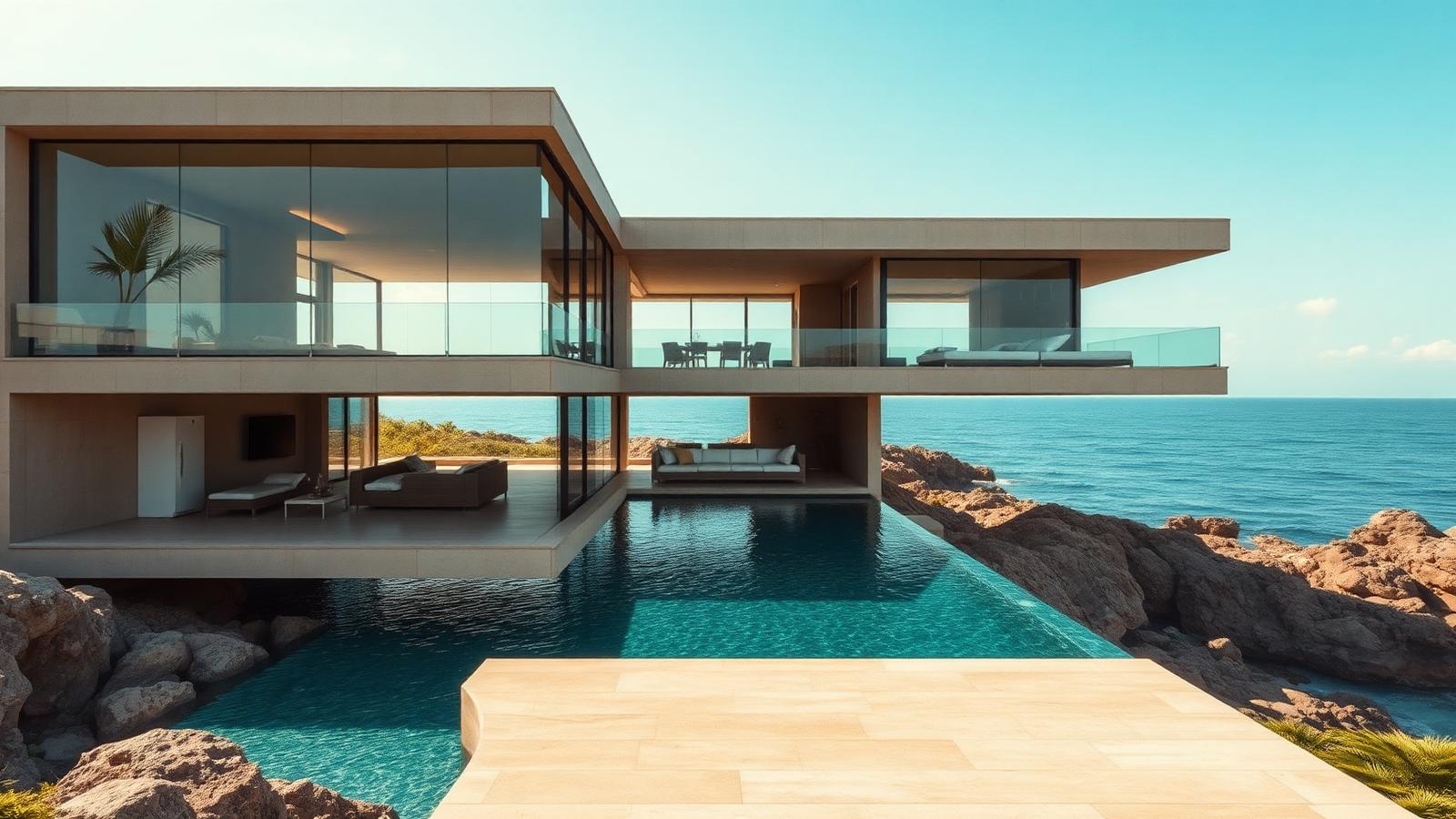 Cantilevered glass and stone oceanfront beach house design by the ocean A heavy stone base anchored into the rock with. Images and Photos created by www.house-and-garden-designs.com
