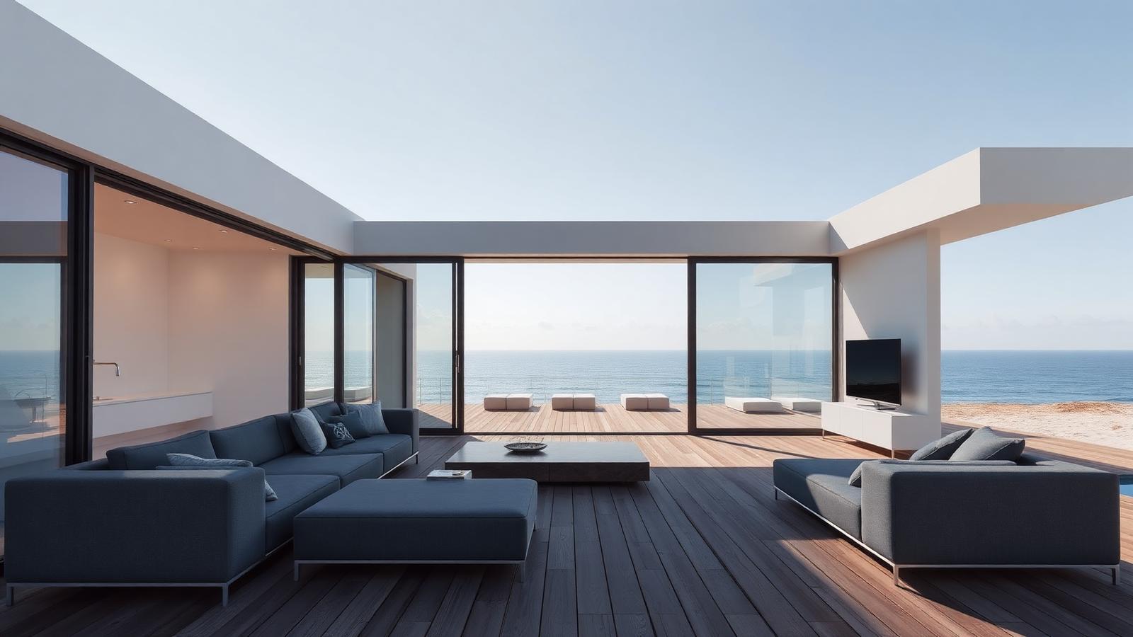 Minimal white pavilion with stacking glass beach house design by the ocean One long room, flat roof, and glass walls. Images and Photos created by www.house-and-garden-designs.com