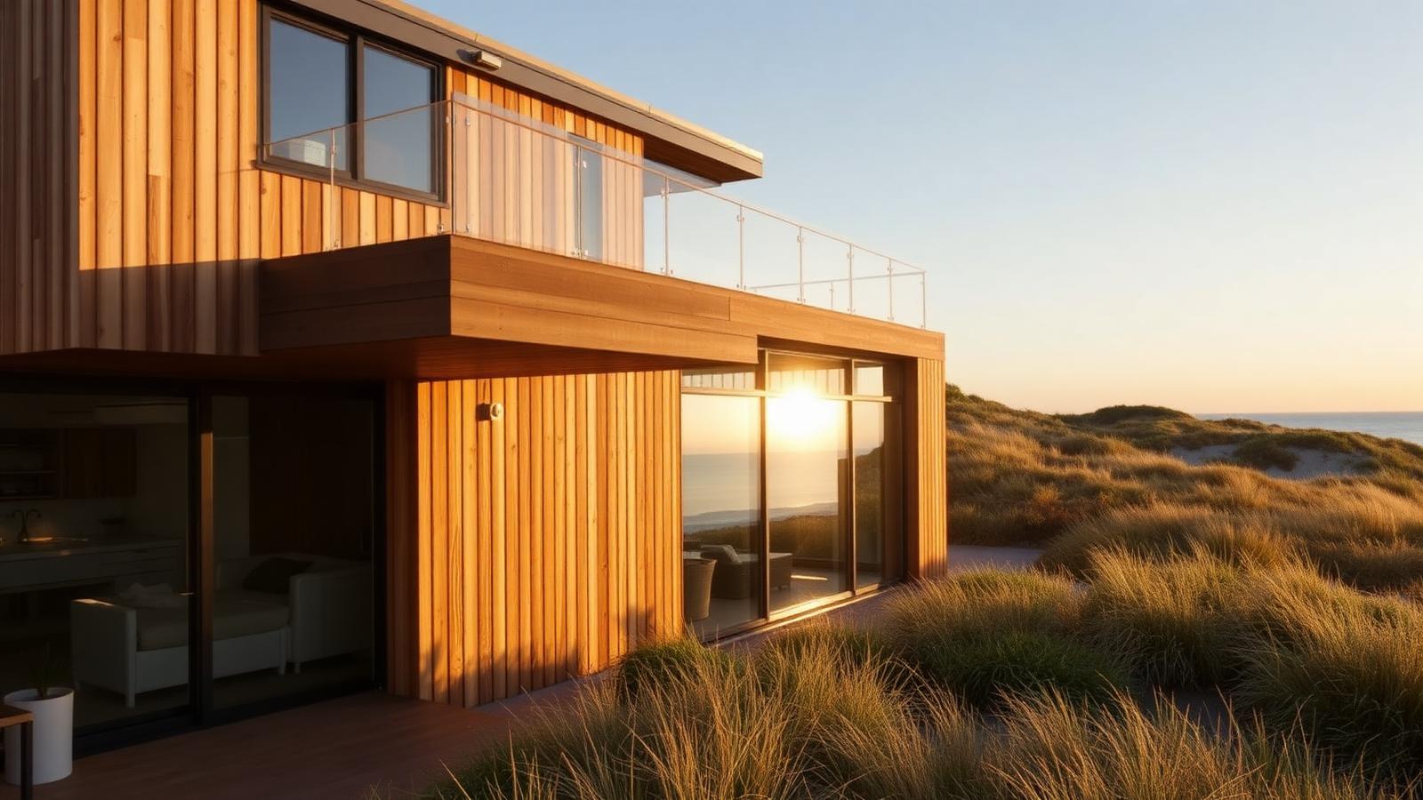 Timber batten house in the dunes beach house design by the ocean Vertical cedar battens, a first floor roof deck. Images and Photos created by www.house-and-garden-designs.com