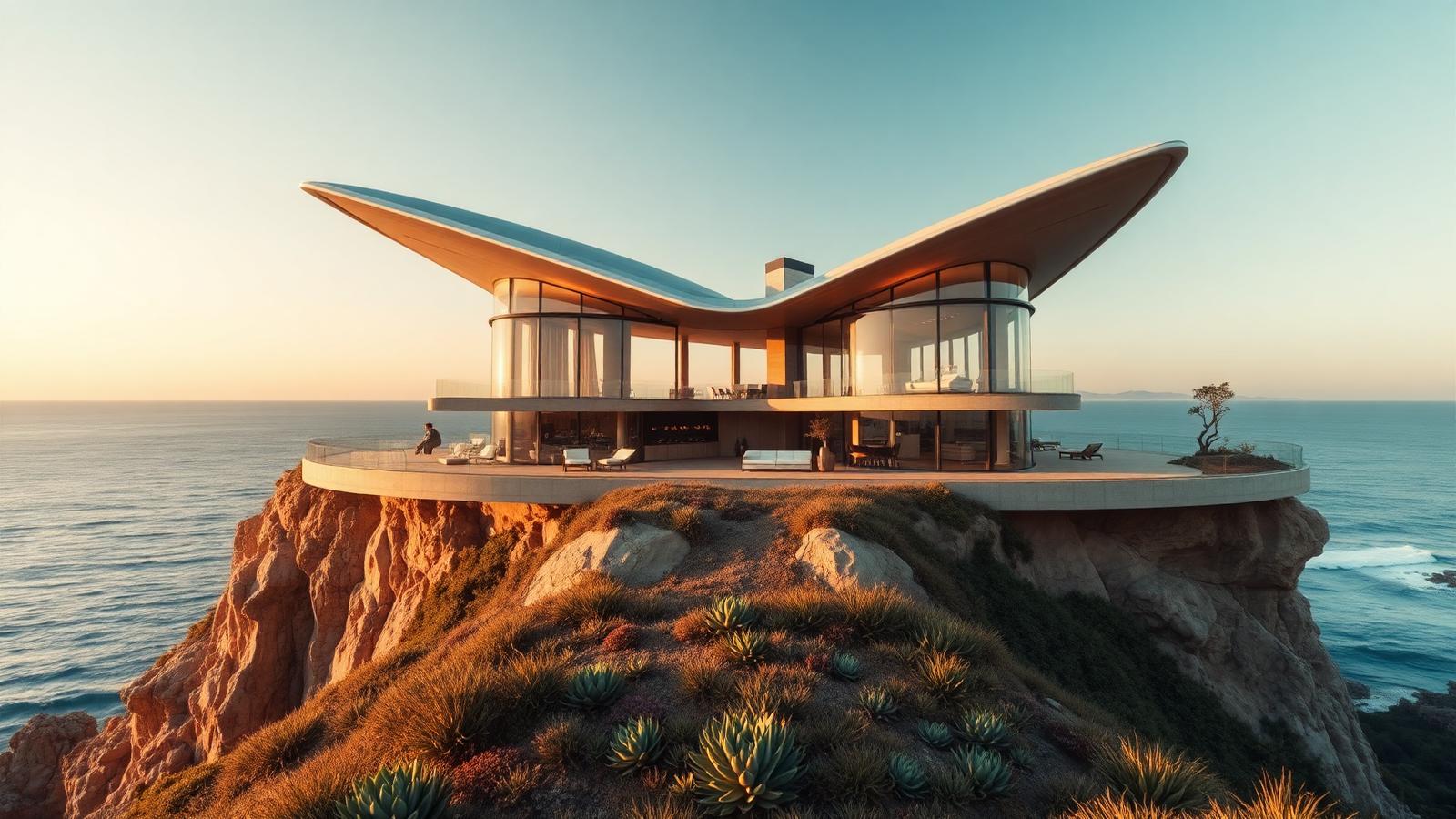 Cliff-top house with a butterfly roof beach house design by the ocean A sweeping butterfly roof over curved glass on. Images and Photos created by www.house-and-garden-designs.com
