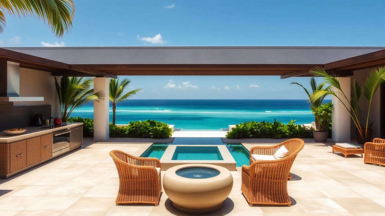 Covered courtyard kitchen and plunge pool beach house design by the ocean A deep roofed outdoor room with a full. Images and Photos created by www.house-and-garden-designs.com