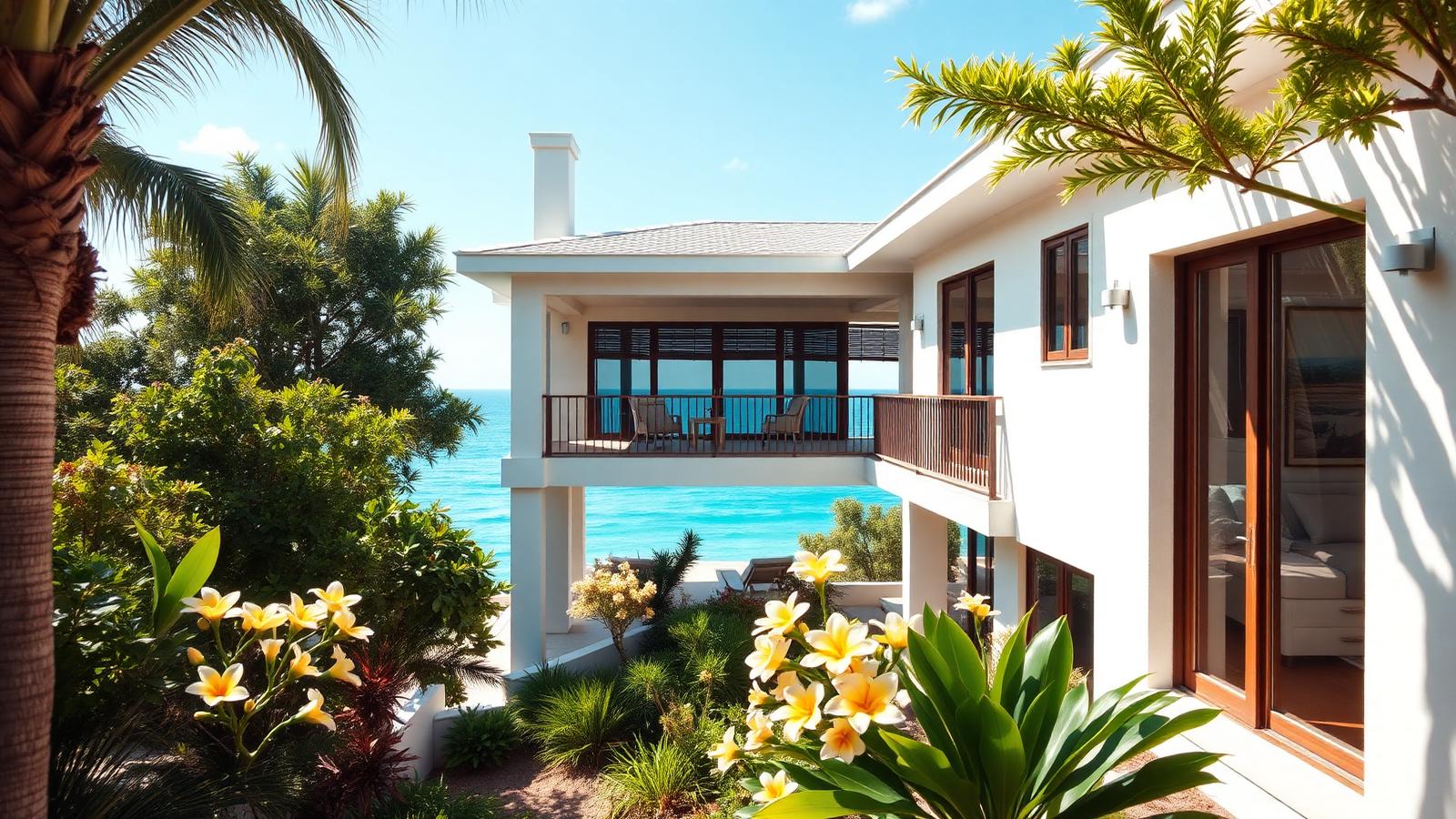 Rendered coastal home with shaded balcony beach house design by the ocean White rendered walls, timber-framed sliding doors and a. Images and Photos created by www.house-and-garden-designs.com