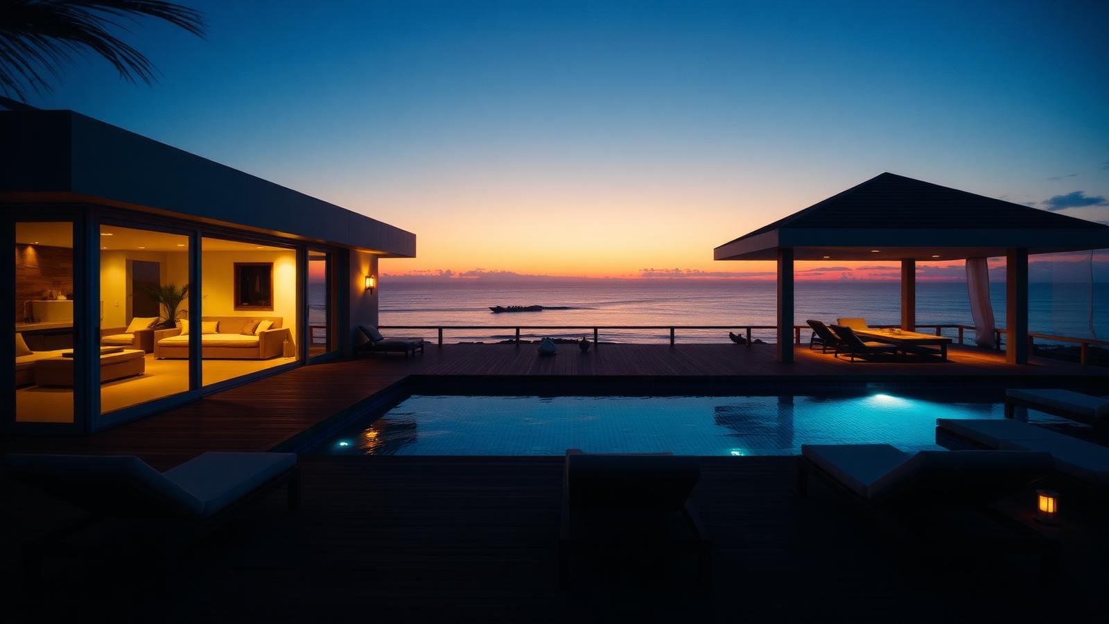 Evening house with lit pool and pavilion beach house design by the ocean The same house at dusk, which is. Images and Photos created by www.house-and-garden-designs.com