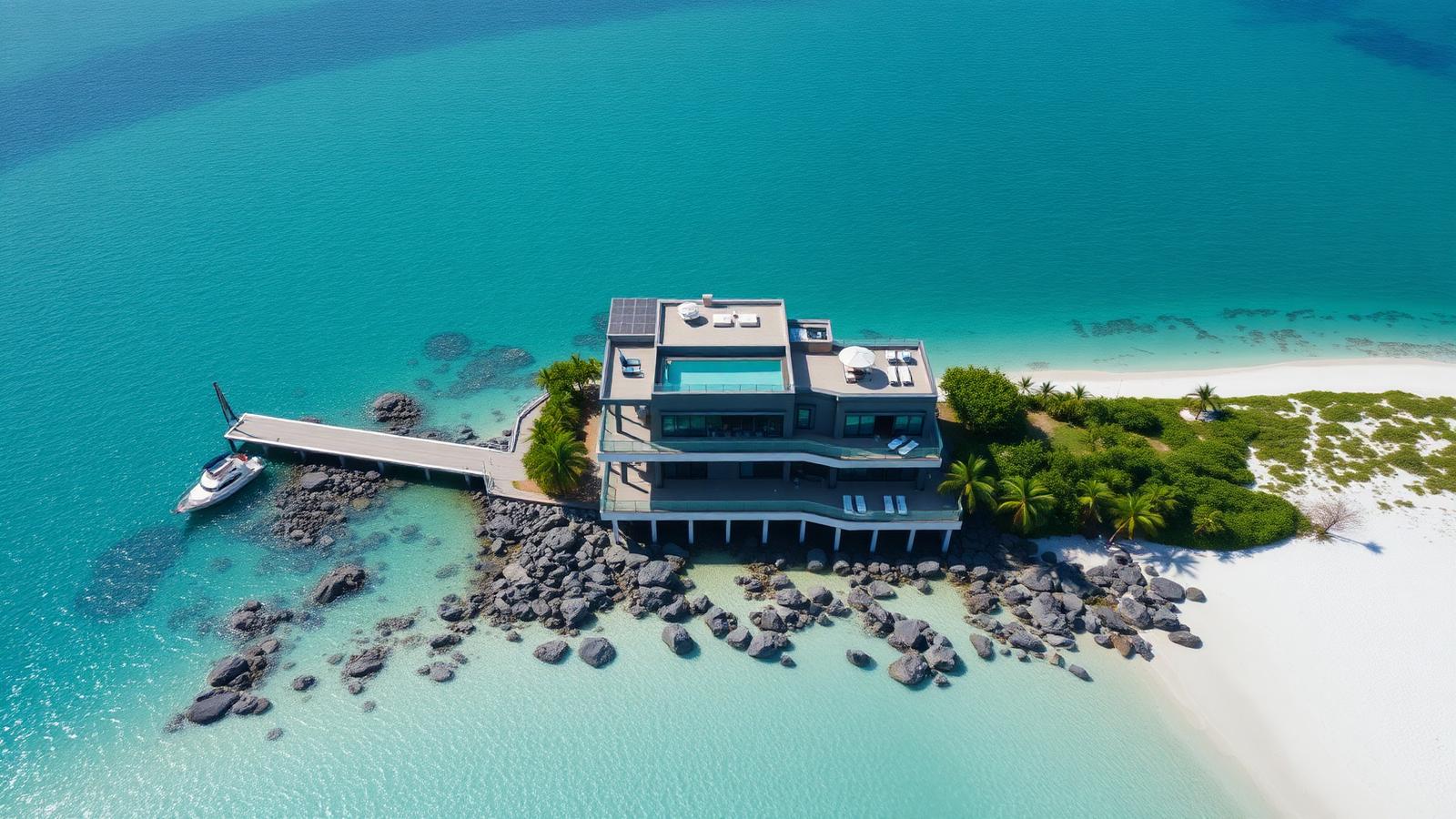 Aerial view: rooftop terrace and jetty beach house design by the ocean Seen from above, the plan of a good. Images and Photos created by www.house-and-garden-designs.com