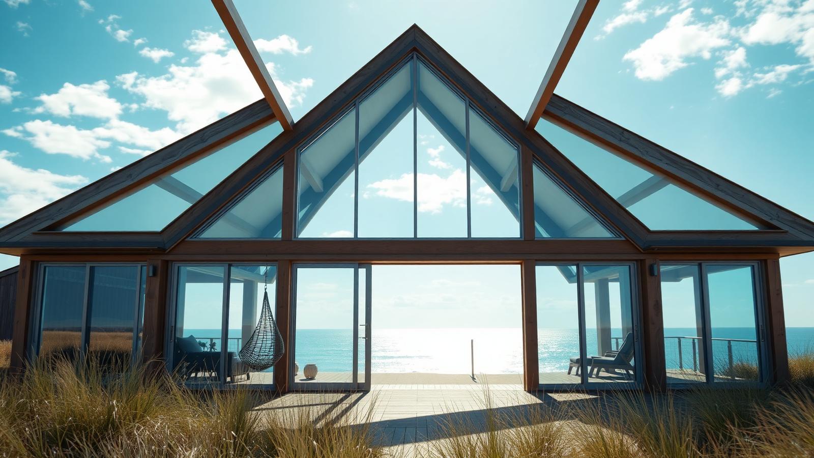 Glass gabled A-frame facing the surf beach house design by the ocean A modern A-frame with the entire gable glazed. Images and Photos created by www.house-and-garden-designs.com
