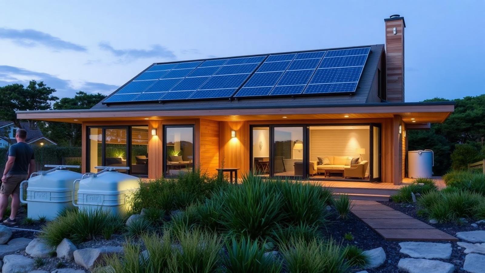 Self-sufficient solar coastal home beach house design by the ocean Solar array across the north roof, rainwater tanks beside the. Images and Photos created by www.house-and-garden-designs.com