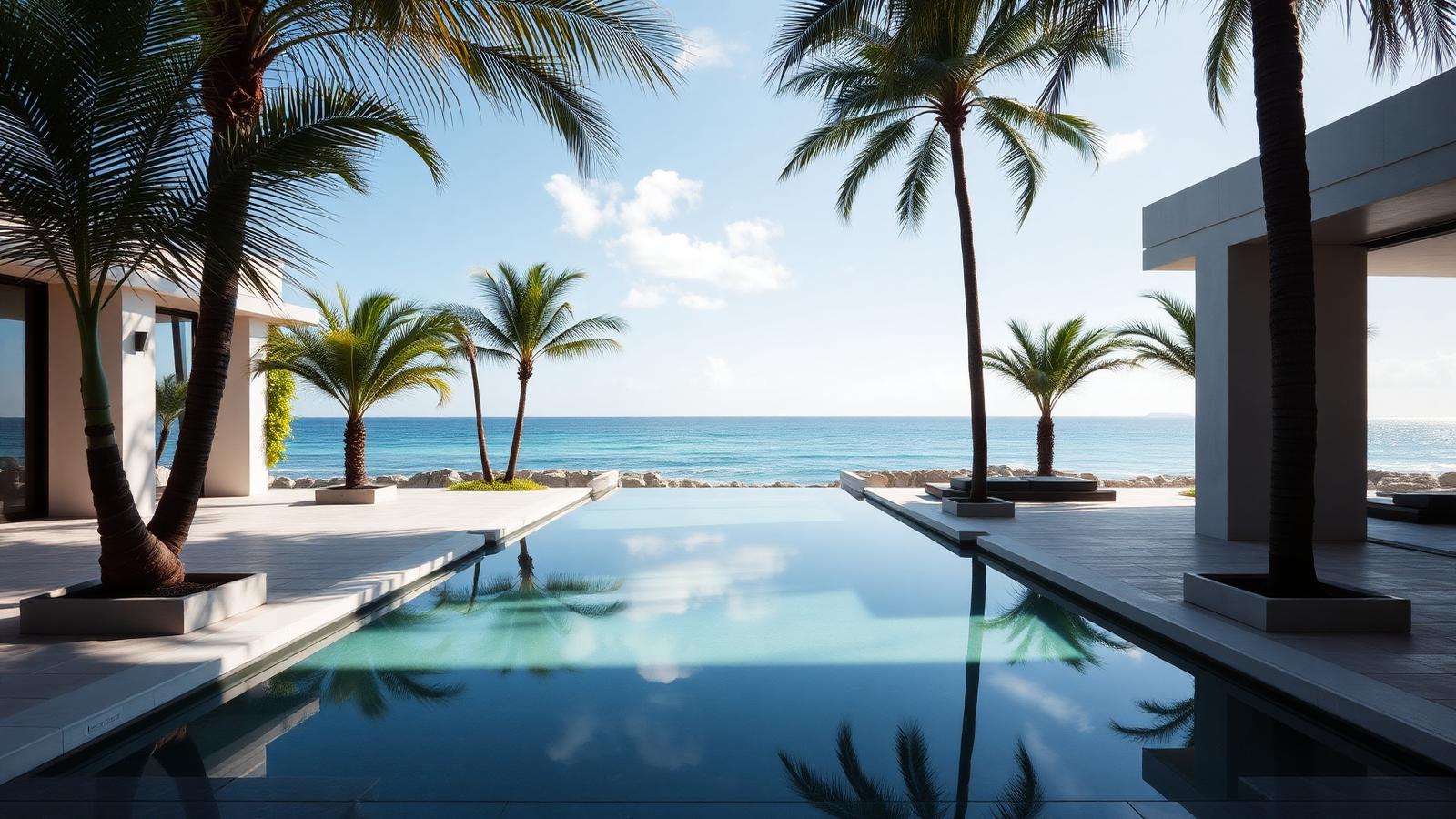 Reflection pool entry villa beach house design by the ocean A long still water pool between two wings of the. Images and Photos created by www.house-and-garden-designs.com