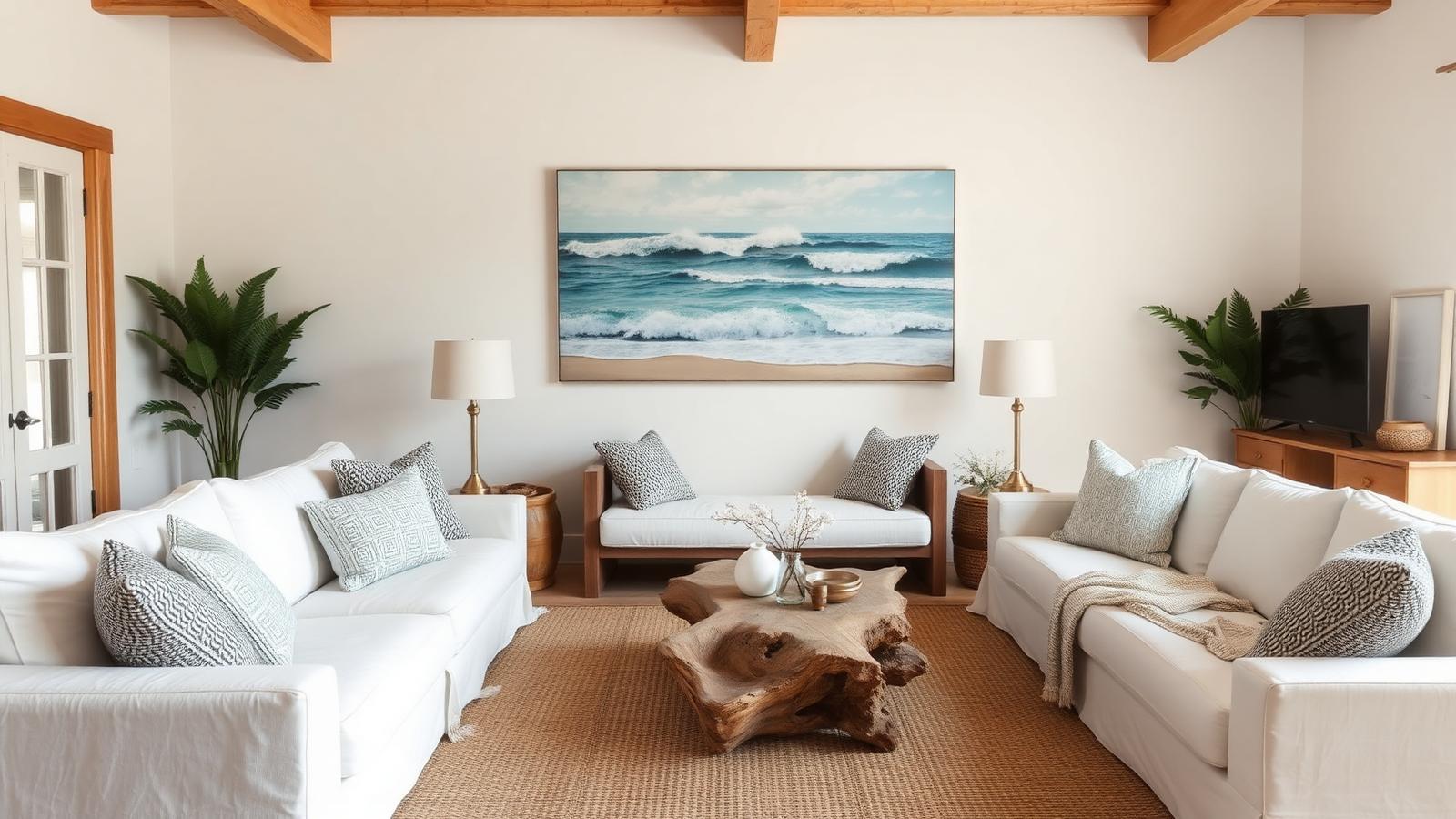 White linen living room with ocean art beach house design by the ocean Slipcovered white linen sofas, a jute rug. Images and Photos created by www.house-and-garden-designs.com