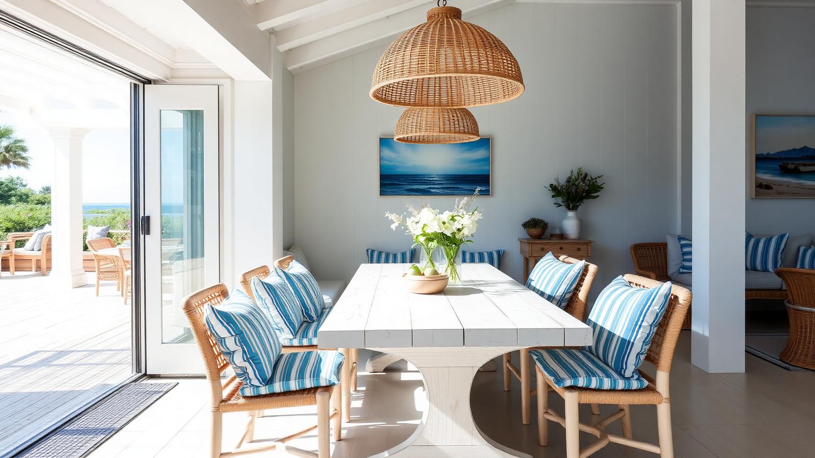 Whitewashed dining table and rattan lights beach house design by the ocean A long whitewashed timber table, woven rattan pendants. Images and Photos created by www.house-and-garden-designs.com
