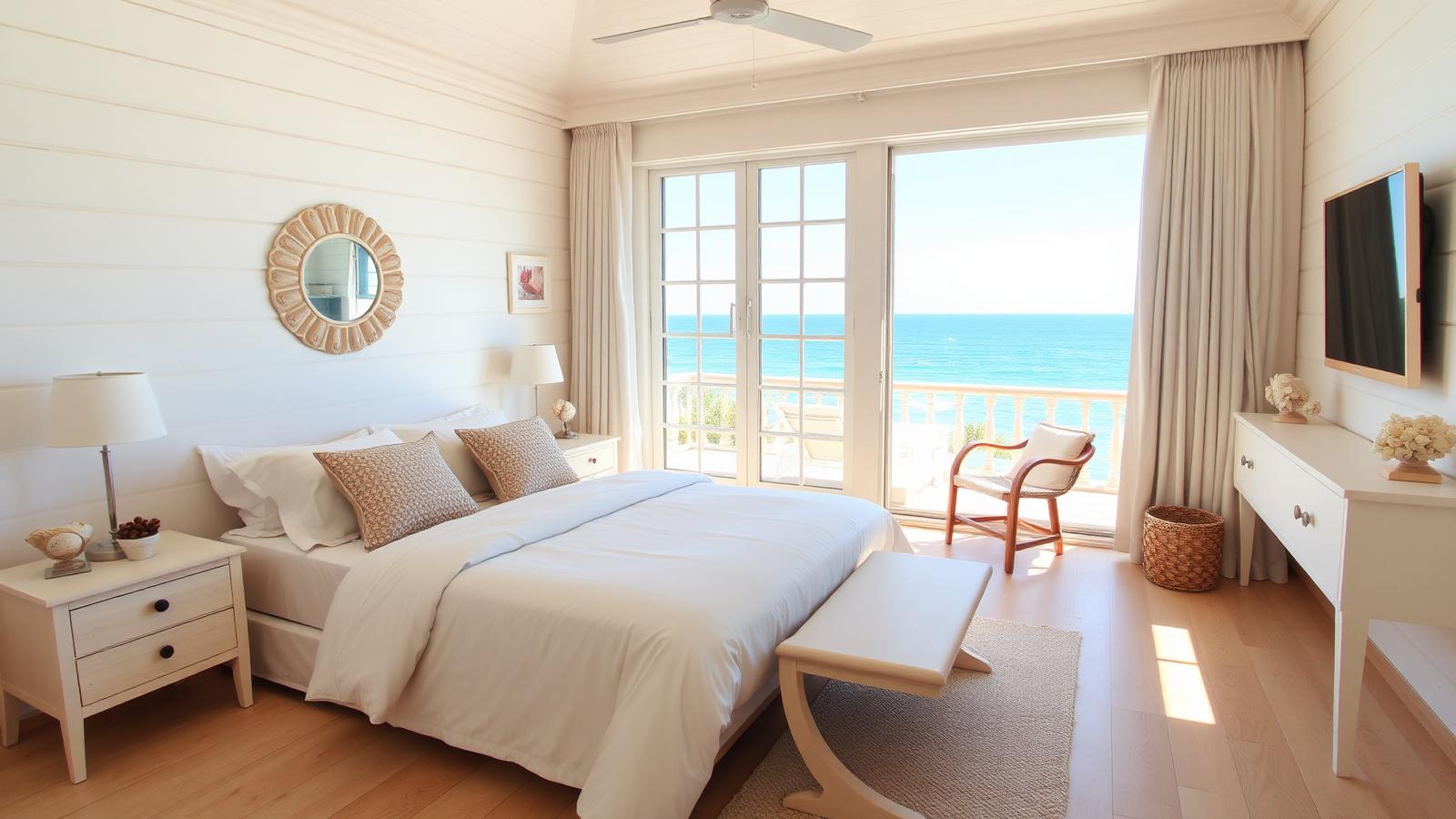 Bright bedroom with shell and coral detail beach house design by the ocean White bedding, pale timber floors, a shell. Images and Photos created by www.house-and-garden-designs.com