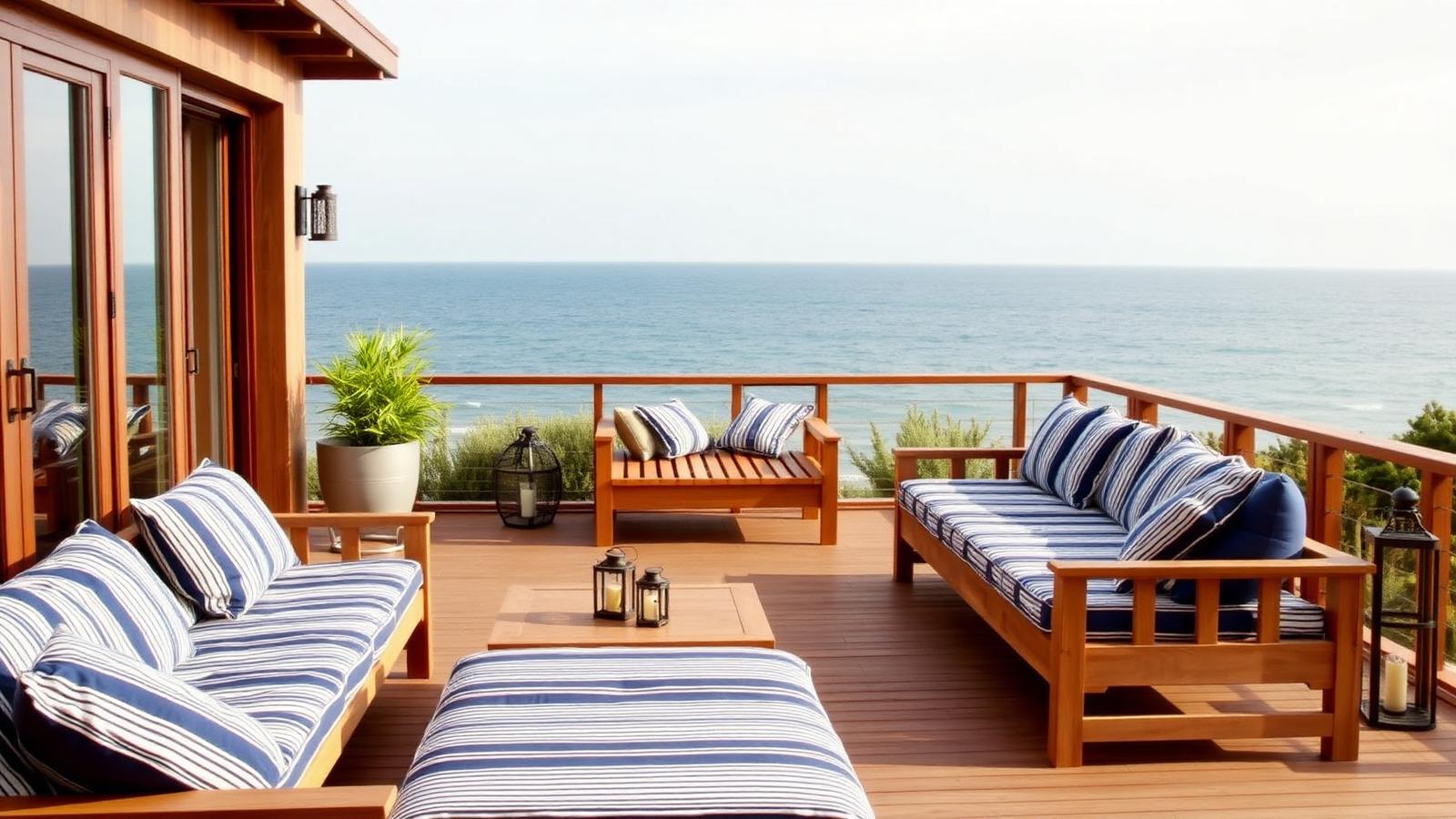 Teak deck lounges in navy stripe beach house design by the ocean Solid teak lounge frames with deep navy striped. Images and Photos created by www.house-and-garden-designs.com