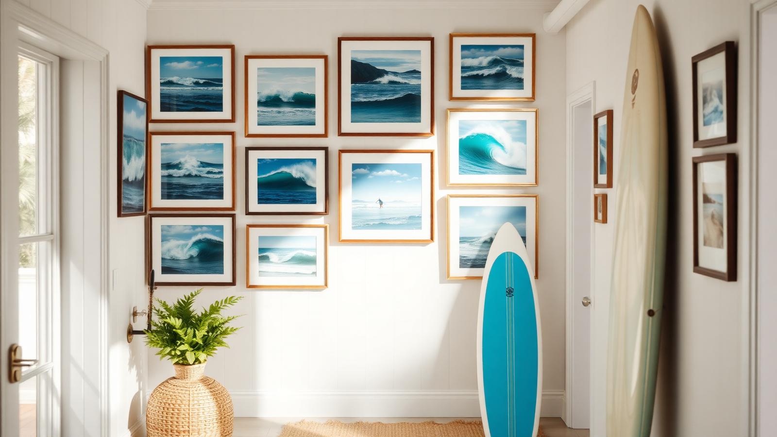 Ocean art gallery wall and board rack beach house design by the ocean A hallway hung with framed wave and. Images and Photos created by www.house-and-garden-designs.com