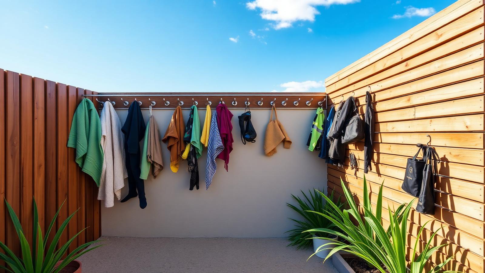 Outdoor shower and wetsuit wall beach house design by the ocean A screened outdoor washing area with a rail of. Images and Photos created by www.house-and-garden-designs.com