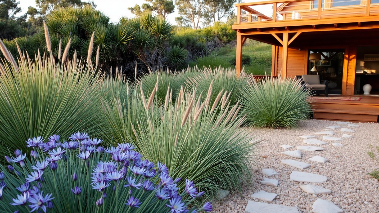Coastal garden of grasses and agapanthus beach house design by the ocean Spinifex and lomandra grasses, agapanthus in flower, pandanus. Images and Photos created by www.house-and-garden-designs.com