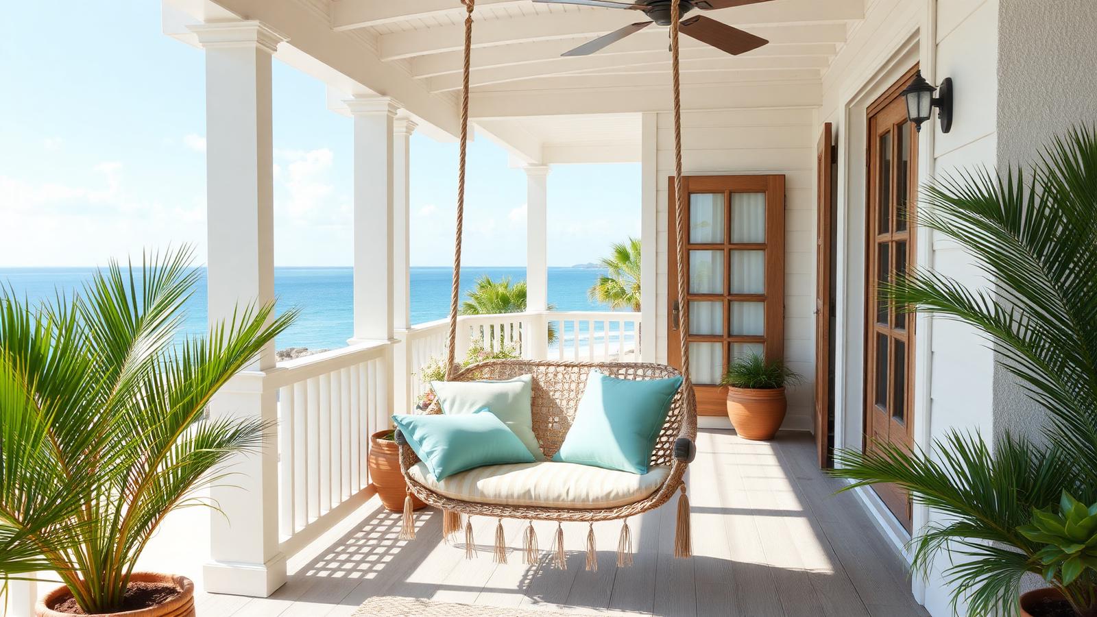 Verandah swing chair in aqua and sand beach house design by the ocean A woven rope swing chair hung from. Images and Photos created by www.house-and-garden-designs.com