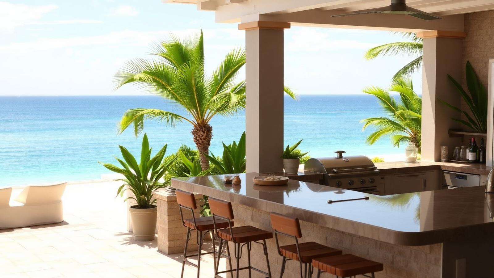 Summer bar and grill terrace beach house design by the ocean A stone-topped outdoor bar with a built-in grill, bar. Images and Photos created by www.house-and-garden-designs.com