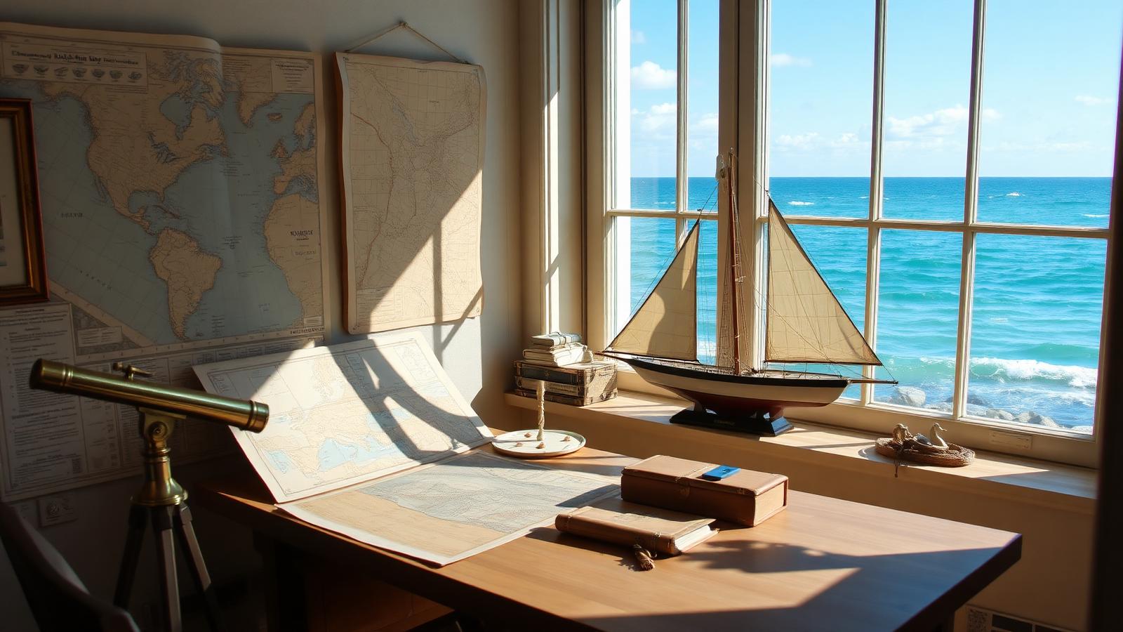 Nautical study with charts and telescope beach house design by the ocean Charts of the local coast pinned to the. Images and Photos created by www.house-and-garden-designs.com