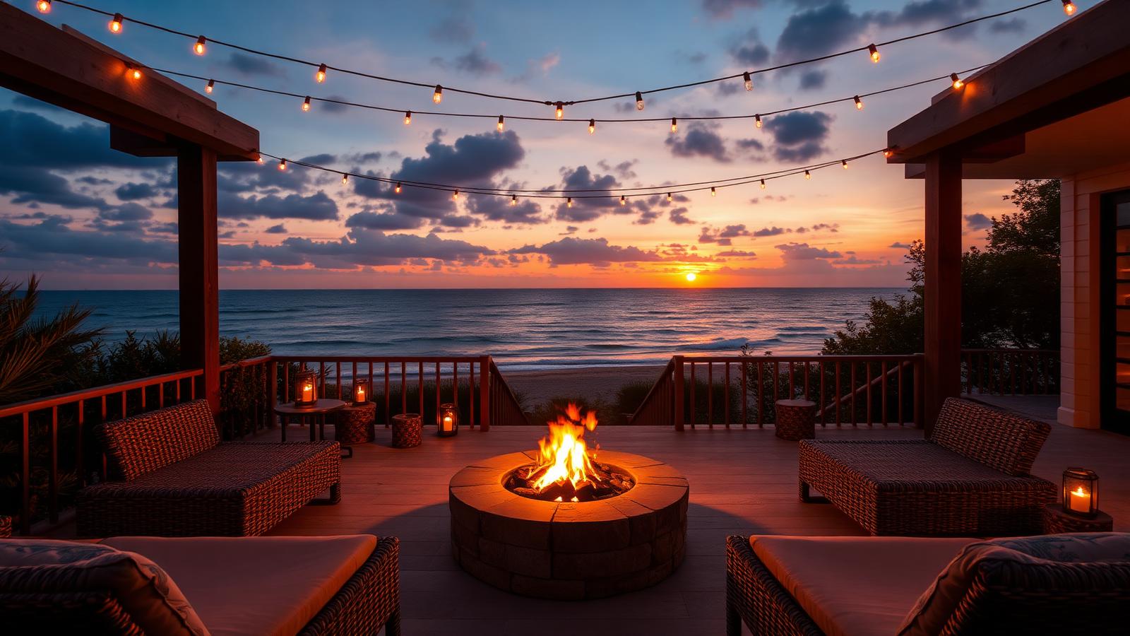 Firepit terrace under strung lights beach house design by the ocean A round stone firepit on a timber terrace, woven. Images and Photos created by www.house-and-garden-designs.com