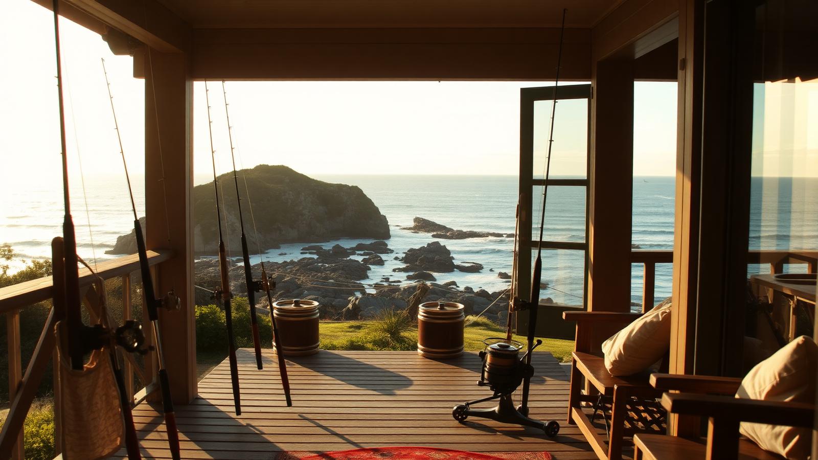 Fishing verandah above the rocks beach house design by the ocean Rods racked along the verandah posts, reels and buckets. Images and Photos created by www.house-and-garden-designs.com