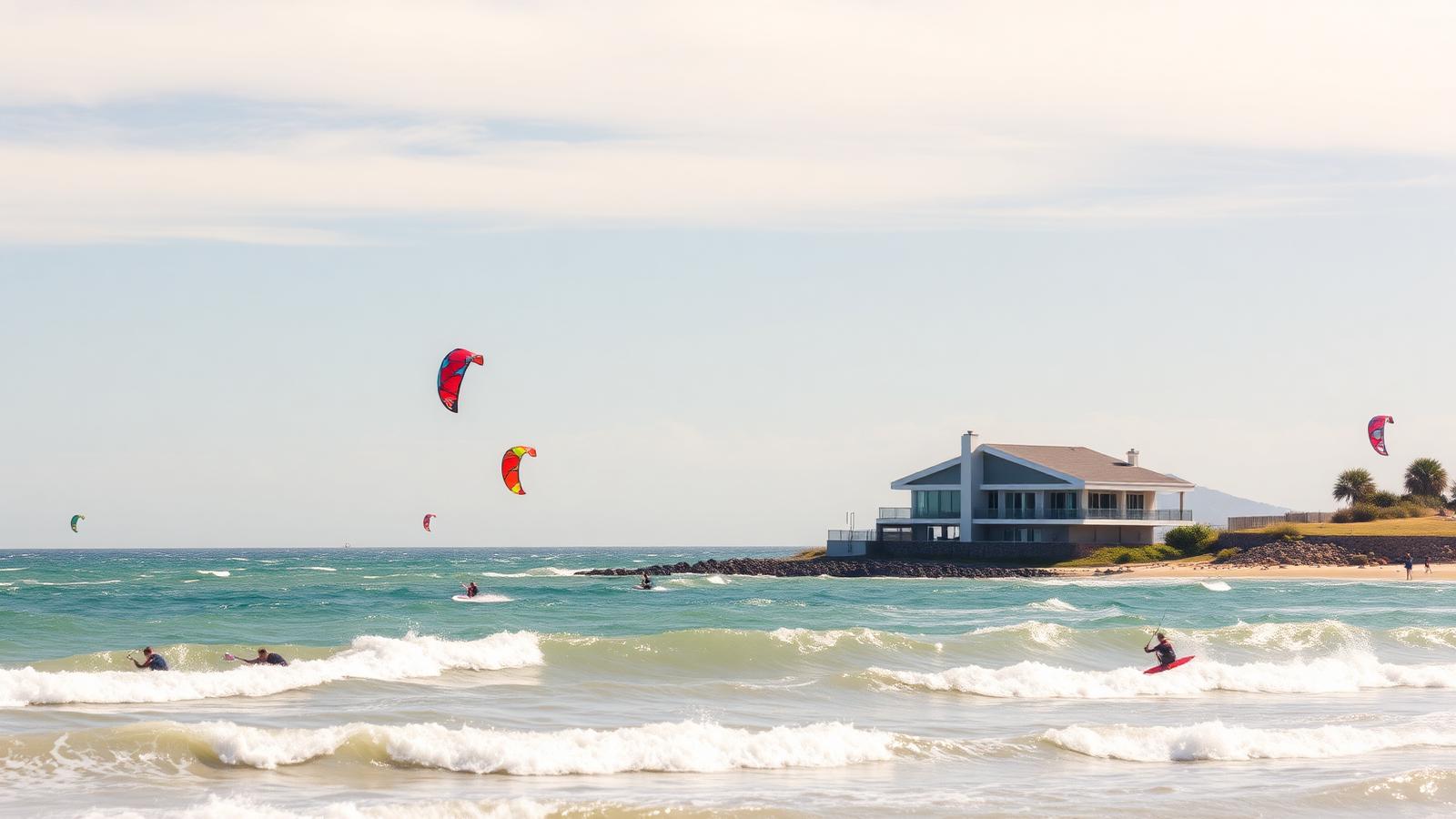 Kite surfing bay house beach house design by the ocean Kites in the air across a wide shallow bay with. Images and Photos created by www.house-and-garden-designs.com