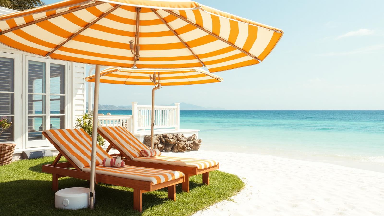 Sunbathing terrace above the sand beach house design by the ocean Striped umbrellas, timber sun lounges on a small lawn. Images and Photos created by www.house-and-garden-designs.com