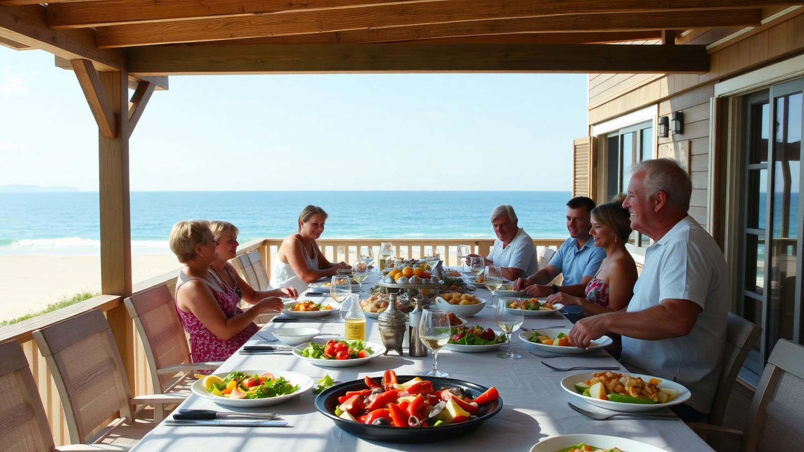 Long summer lunch under the pergola beach house design by the ocean A long table under a timber pergola, seafood. Images and Photos created by www.house-and-garden-designs.com