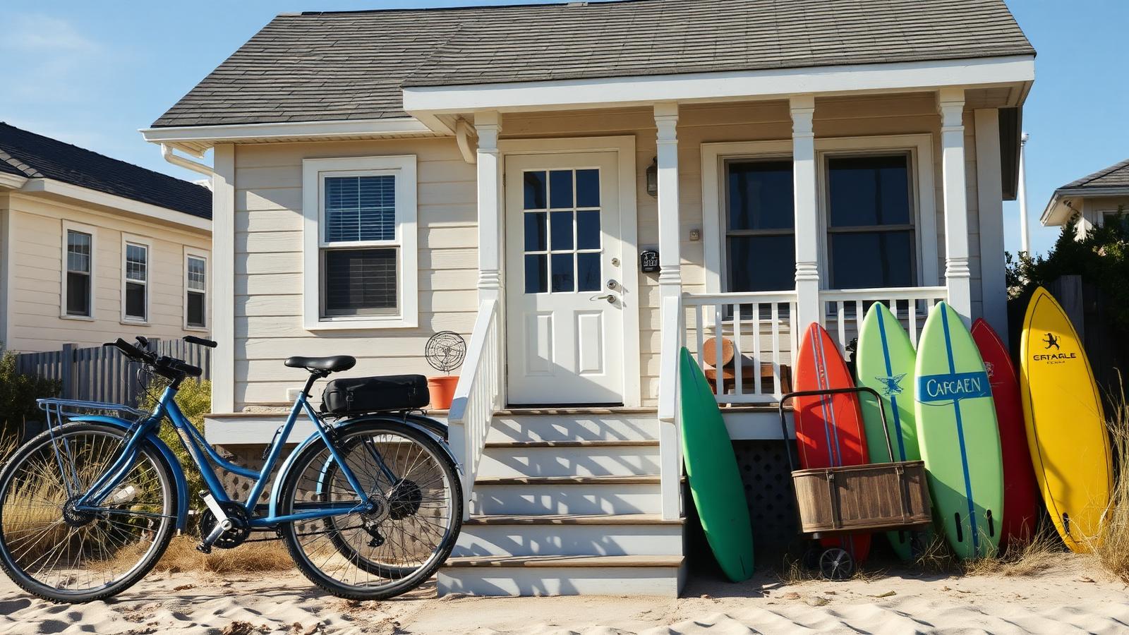 Holiday cottage with bikes and boards beach house design by the ocean A small weatherboard holiday cottage with bikes leaning. Images and Photos created by www.house-and-garden-designs.com