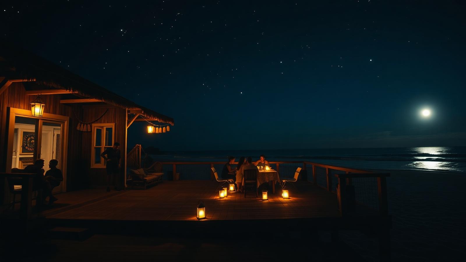 Lantern-lit deck under a full moon beach house design by the ocean Lanterns on a timber deck, people around a. Images and Photos created by www.house-and-garden-designs.com