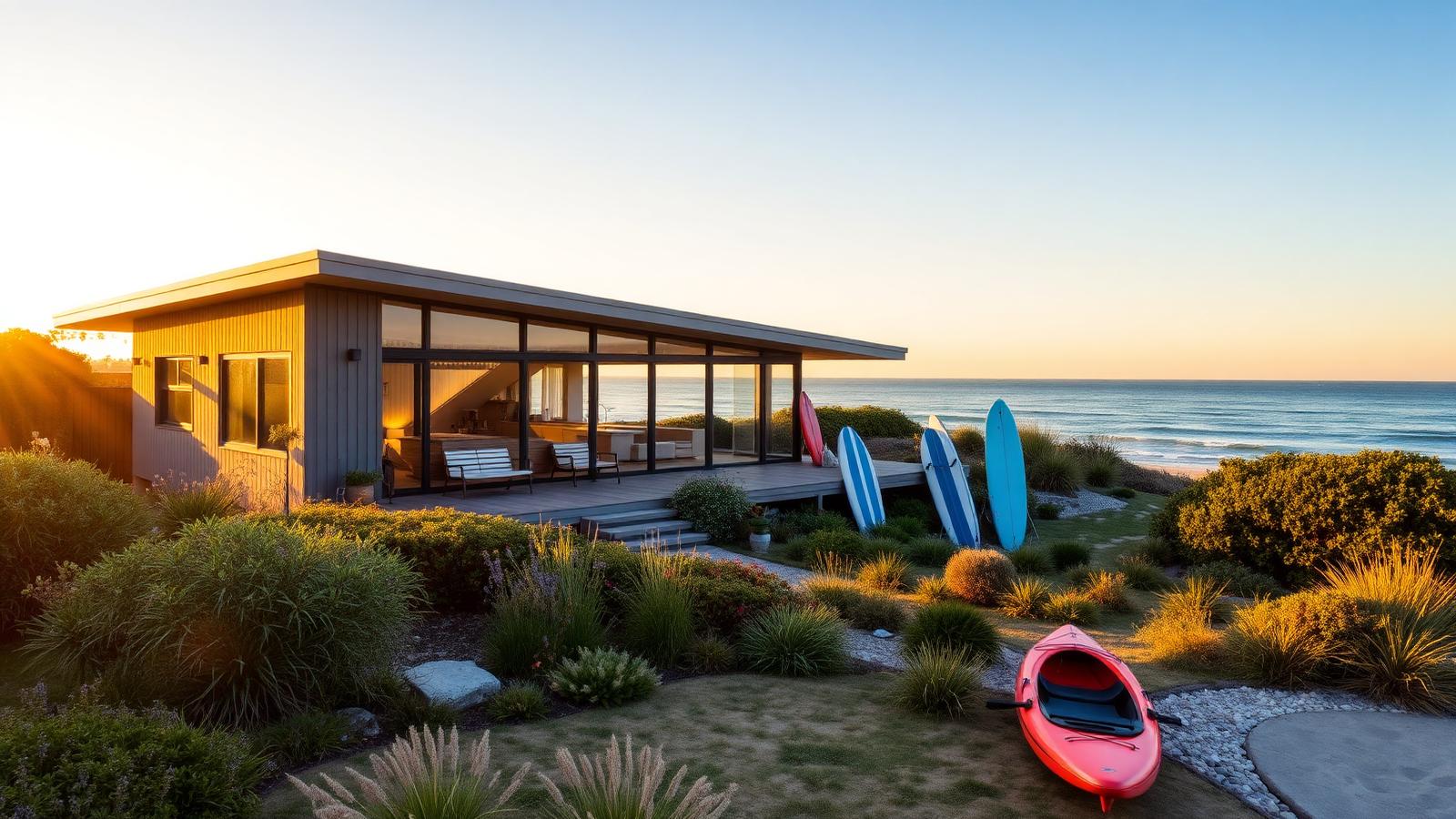 Permanent coastal home for ocean lovers beach house design by the ocean A mature, well-planted coastal home at golden hour. Images and Photos created by www.house-and-garden-designs.com