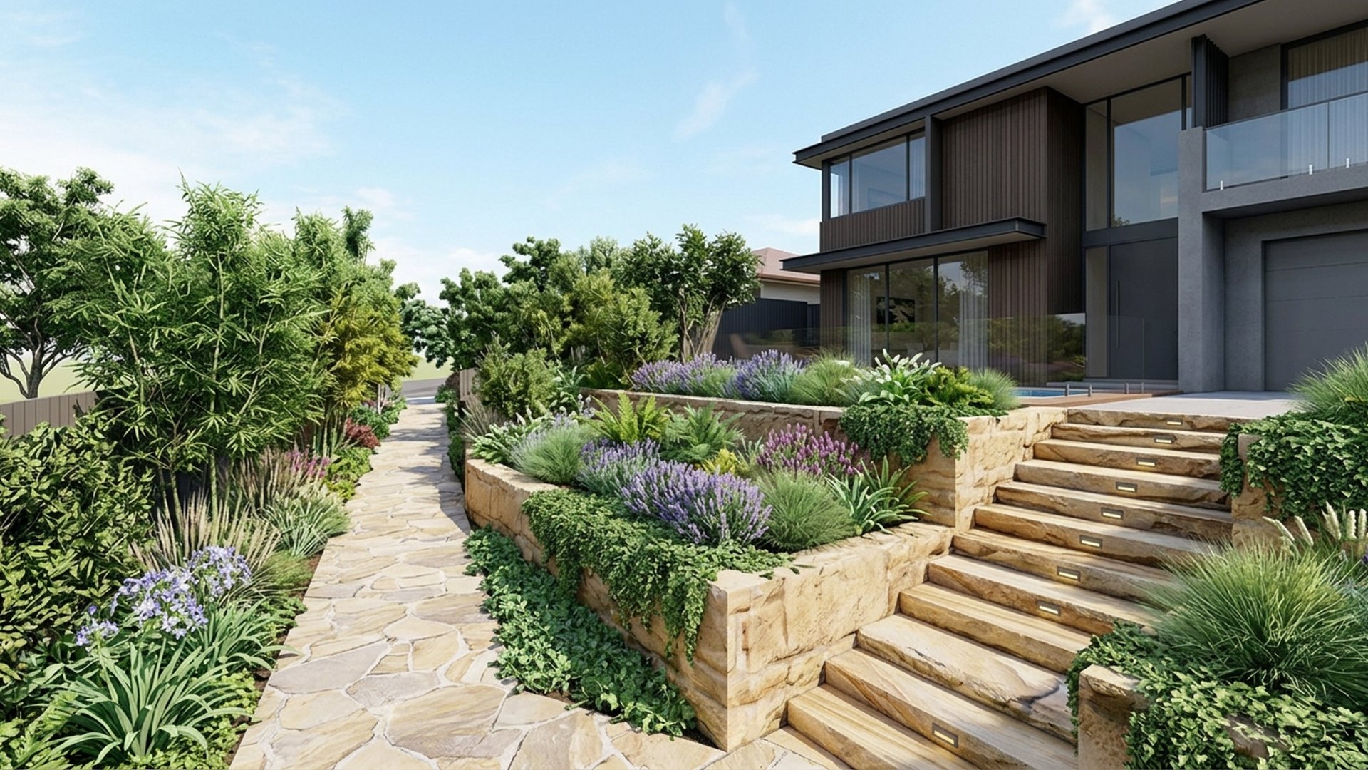 Cascading Home Designs design concept visualisation photo modern home and garden landscaping. Images and Photos created by www.house-and-garden-designs.com
