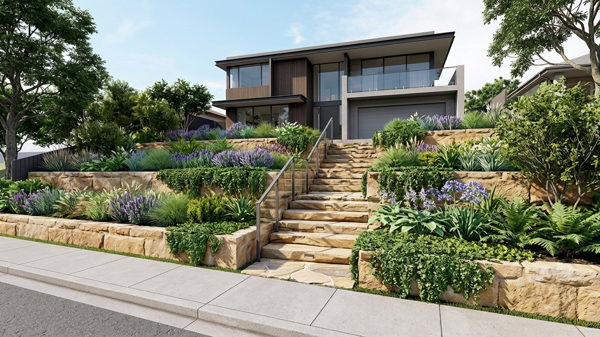 Cascading Home Designs design concept visualisation photo modern home and garden landscaping. Images and Photos created by www.house-and-garden-designs.com