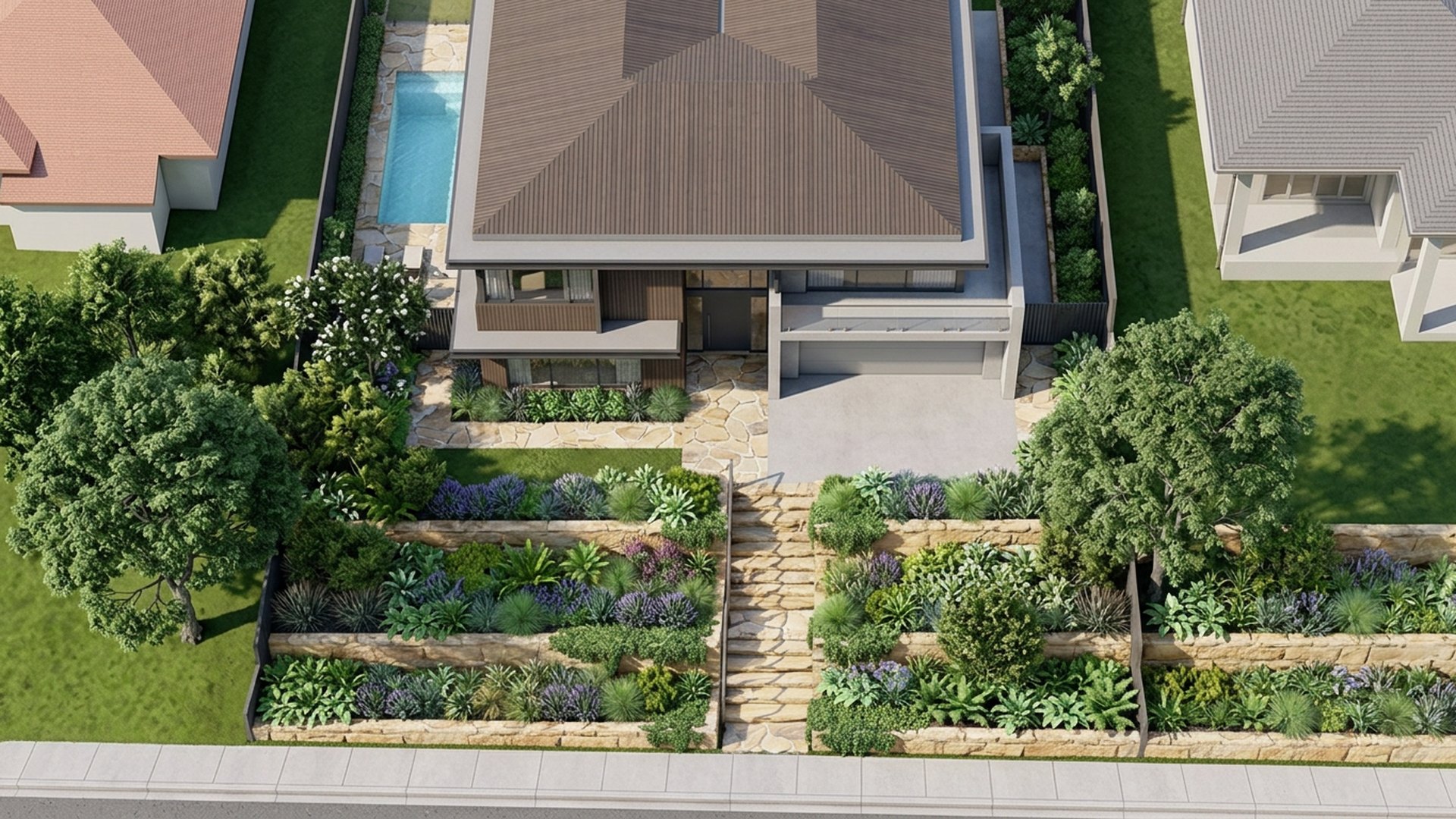 Cascading Home Designs design concept visualisation photo modern home and garden landscaping. Images and Photos created by www.house-and-garden-designs.com