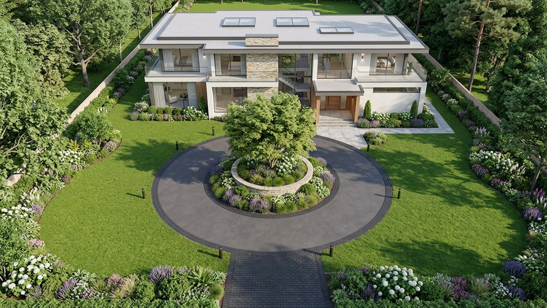 Circular Drive Statement front yard landscaping concept — Top / Drone View
