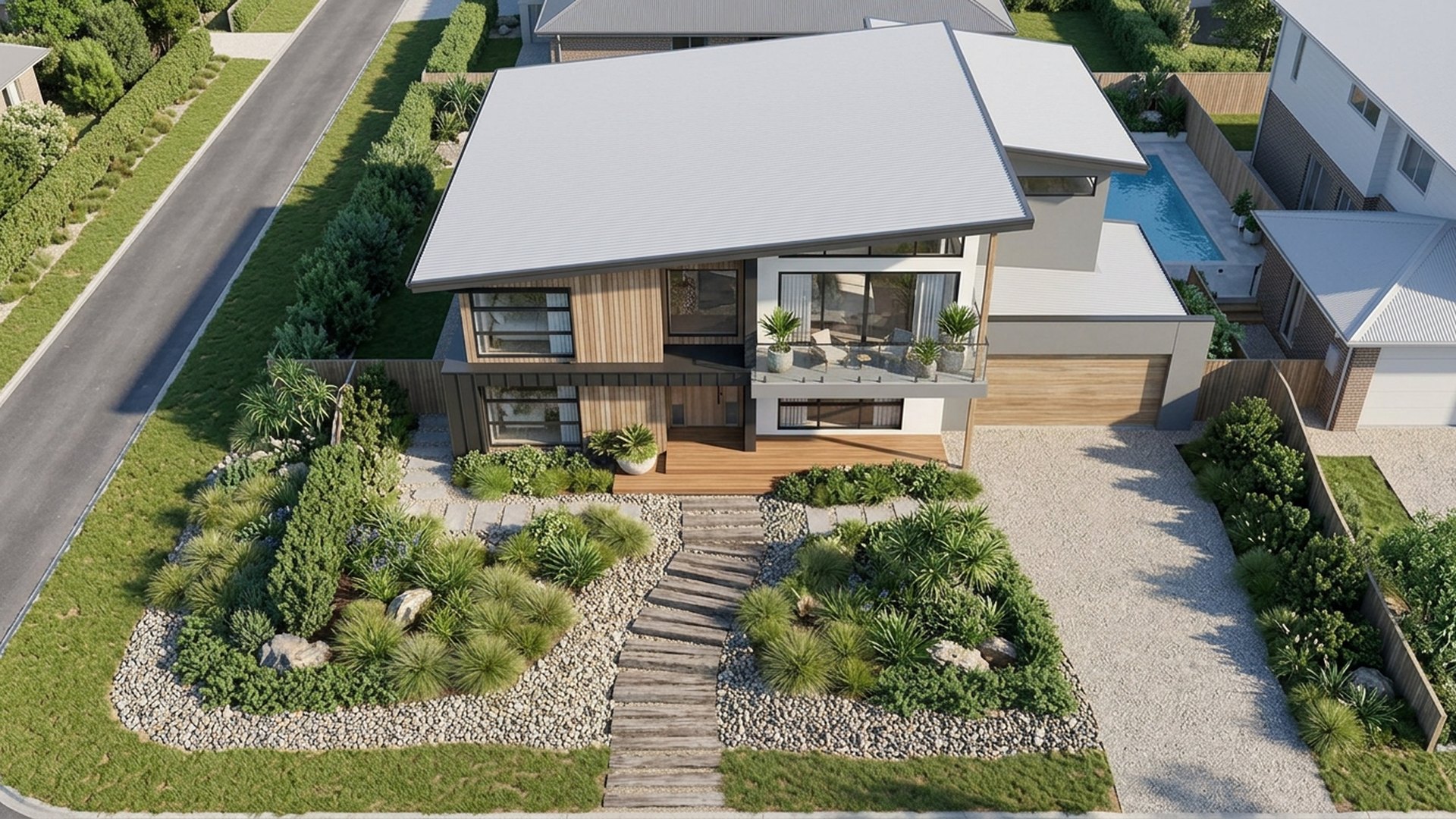 Coastal Native Verge front yard landscaping concept — Top / Drone View