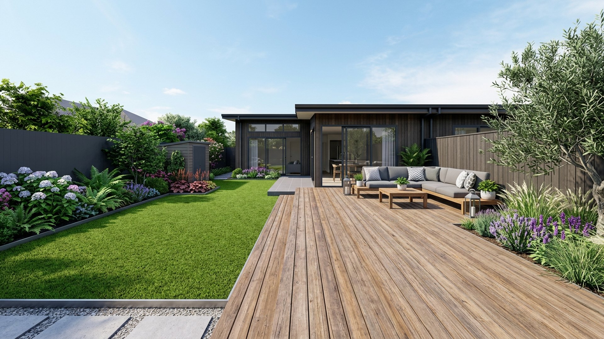 Deck and Lawn Split backyard landscaping concept — Forward Looking
