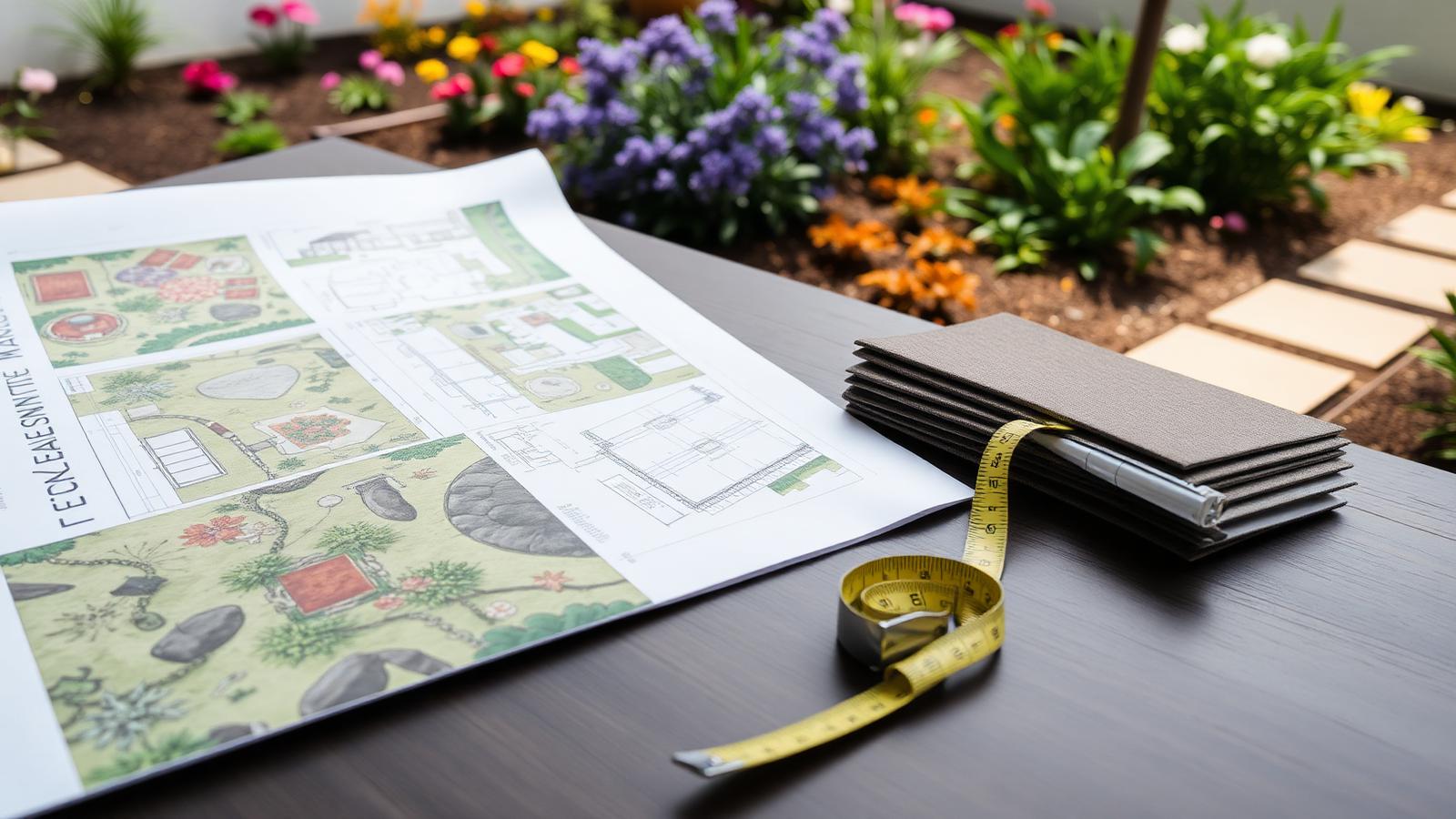 Landscape design plans spread on a table with paving samples, plant swatches, a pen and a tape measure. Images and Photos created by www.house-and-garden-designs.com