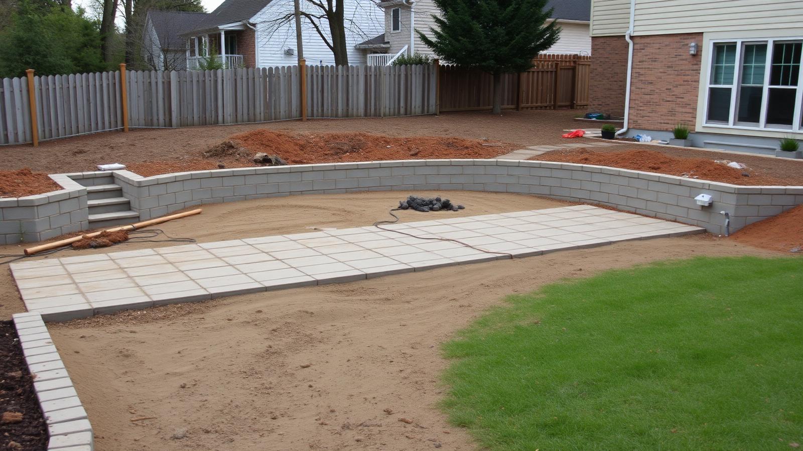 A backyard site being levelled with new retaining walls and freshly laid paving under construction. Images and Photos created by www.house-and-garden-designs.com